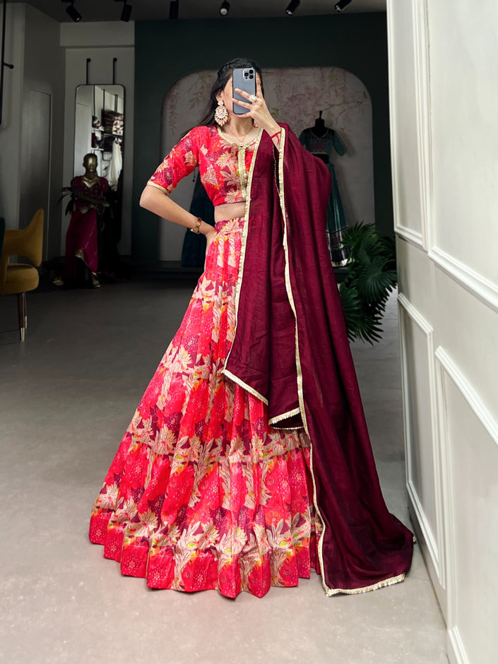 Elegant Floral Printed Lehenga Choli with Solid Dupatta