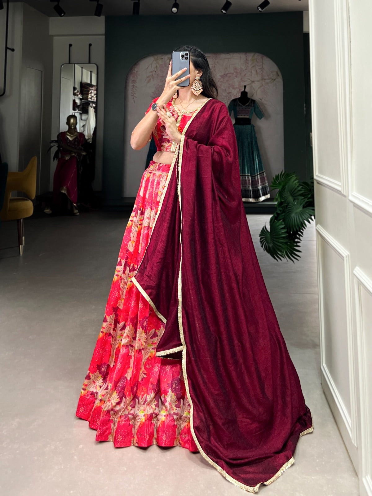 Elegant Floral Printed Lehenga Choli with Solid Dupatta