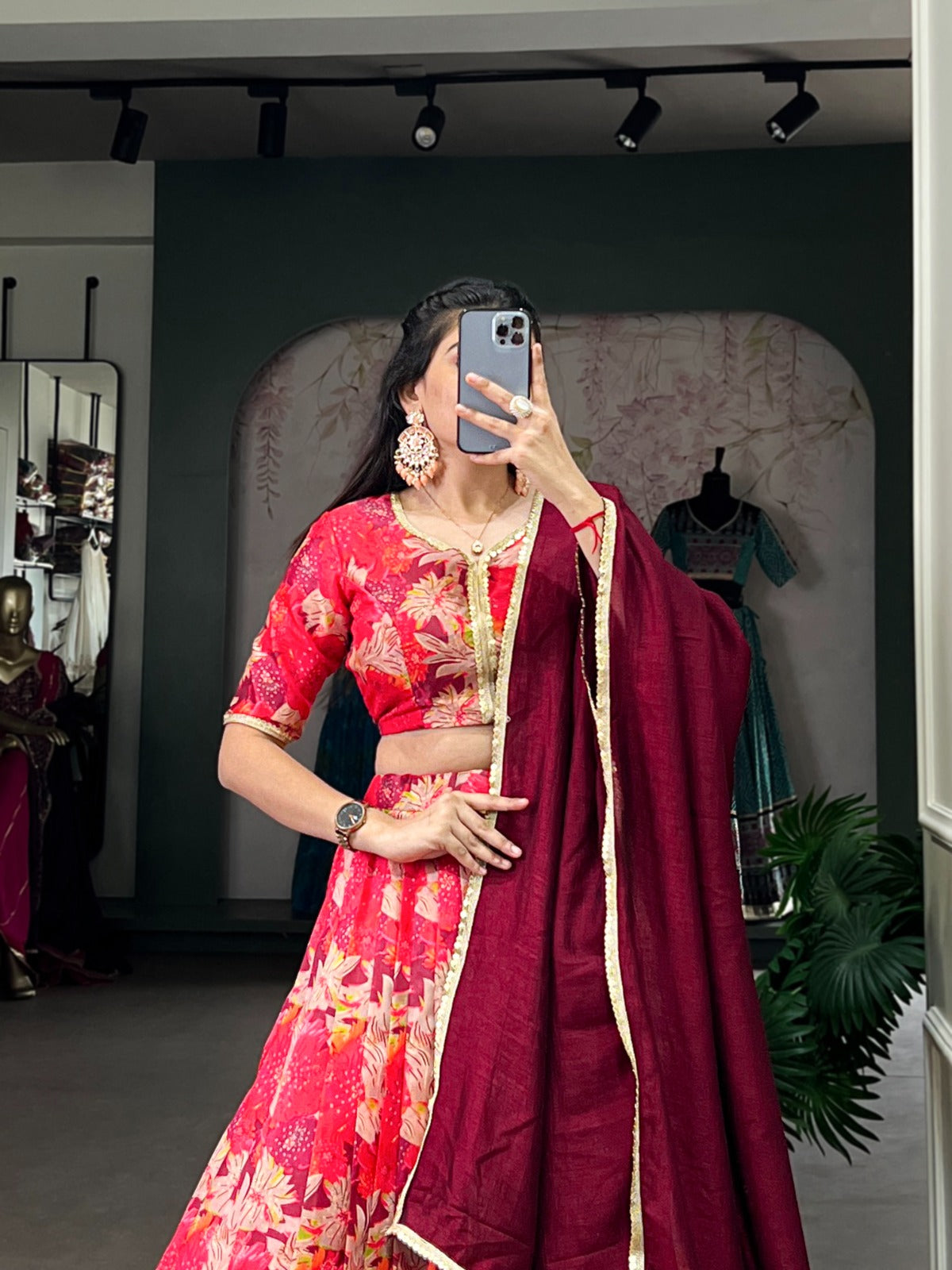 Elegant Floral Printed Lehenga Choli with Solid Dupatta