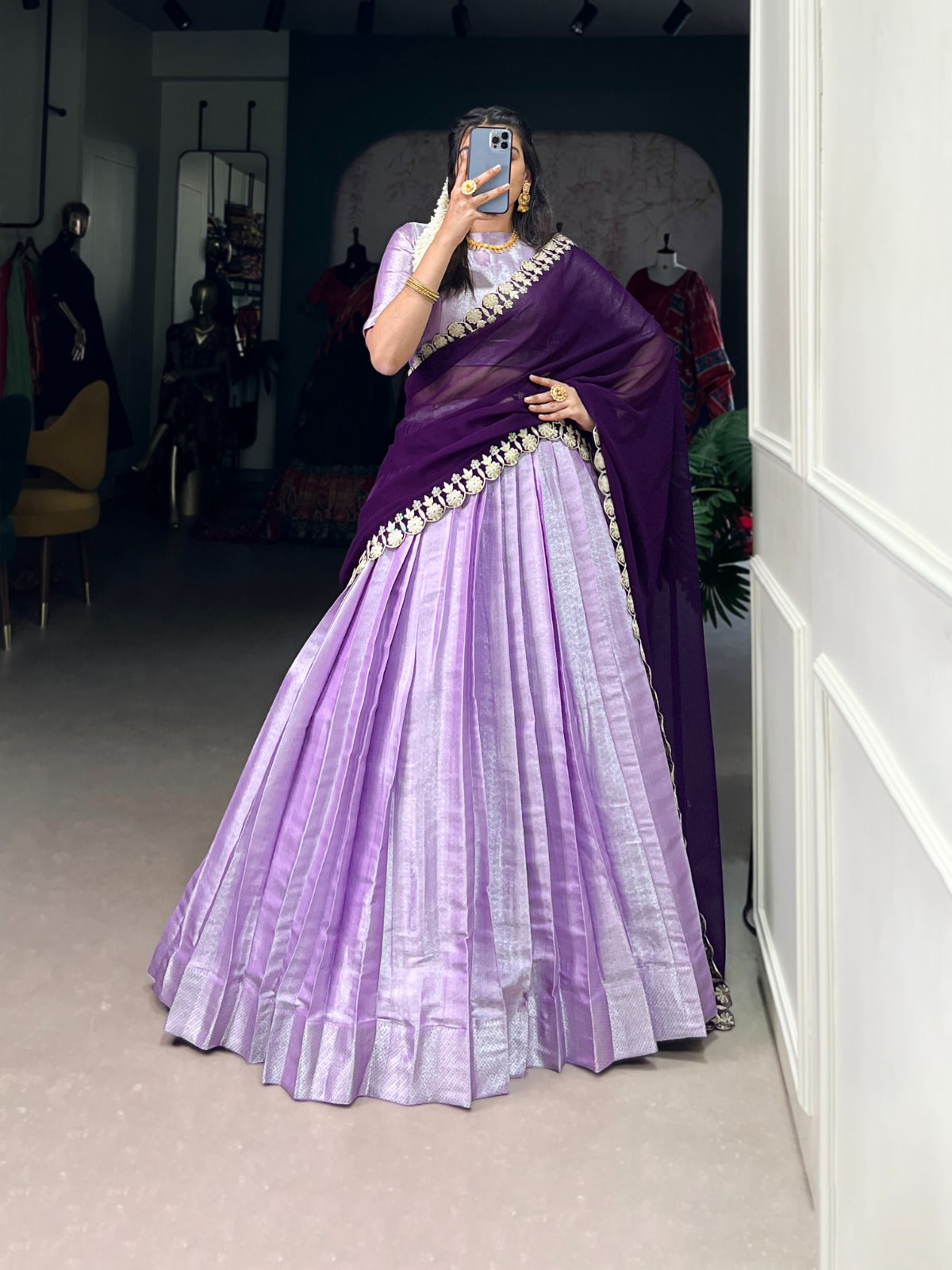 Lavender Silk Lehenga Choli with Contrast Dark Purple Dupatta.