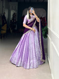 Lavender Silk Lehenga Choli with Contrast Dark Purple Dupatta.