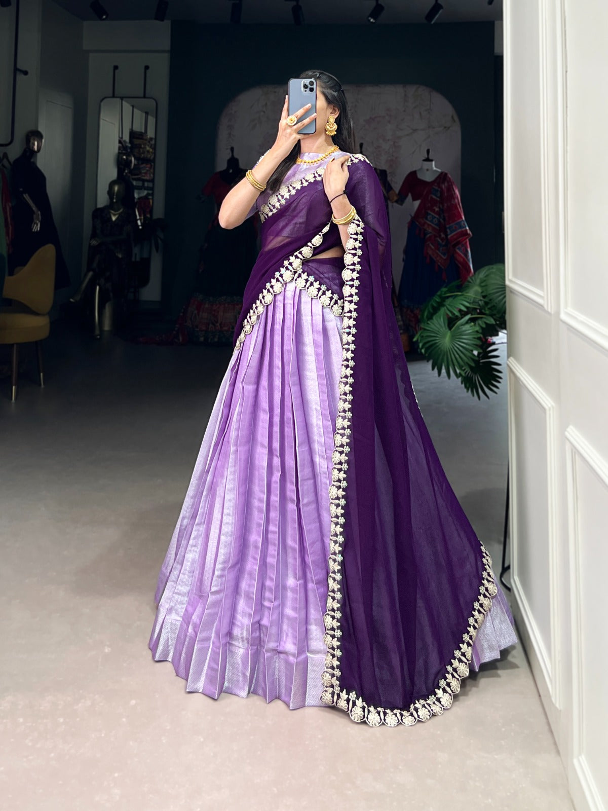 Lavender Silk Lehenga Choli with Contrast Dark Purple Dupatta.