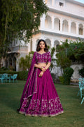 Wine Purple Embroidered Lehenga Choli with Dupatta for Wedding & Festive Wear.