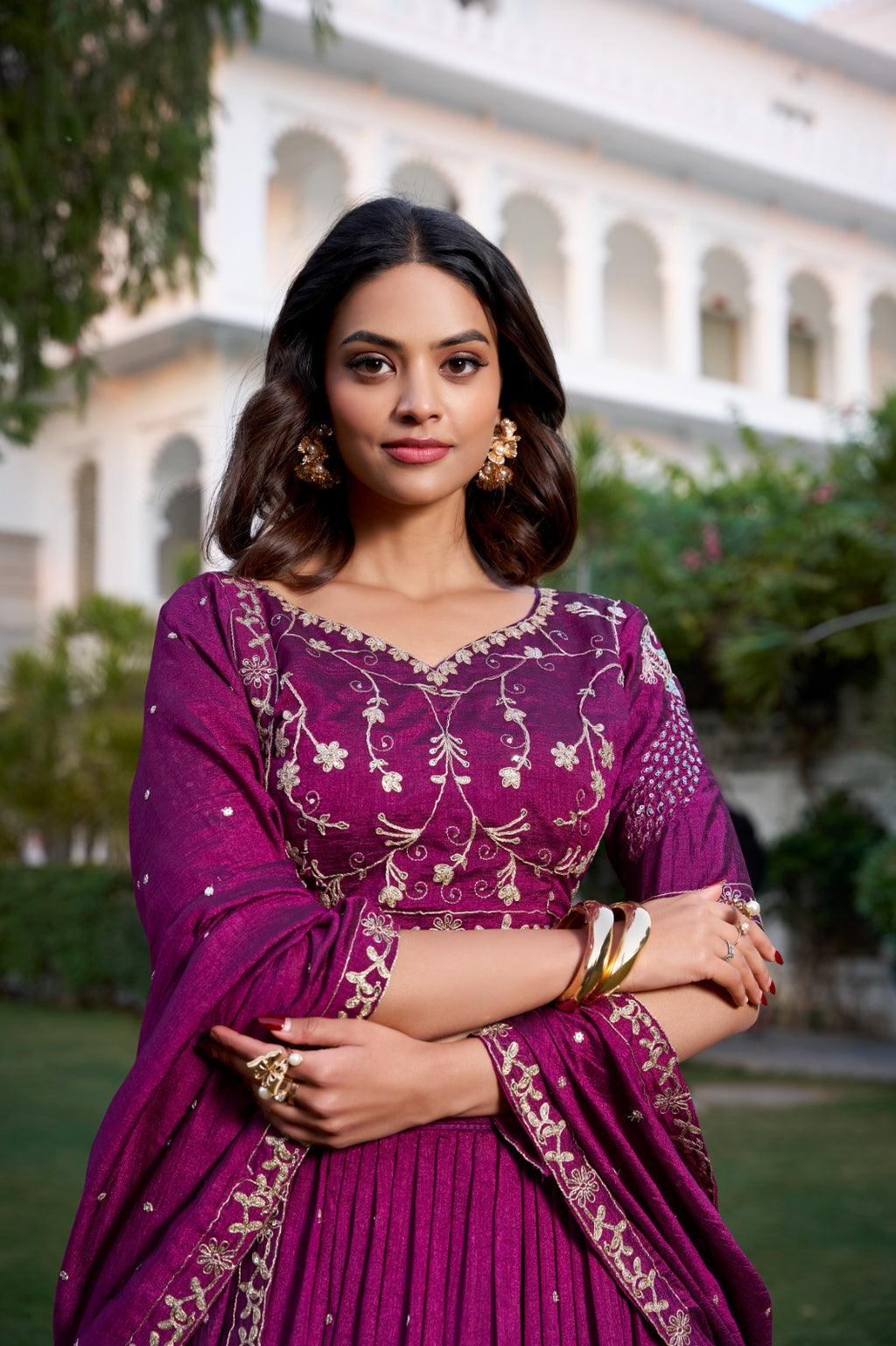 Wine Purple Embroidered Lehenga Choli with Dupatta for Wedding & Festive Wear.