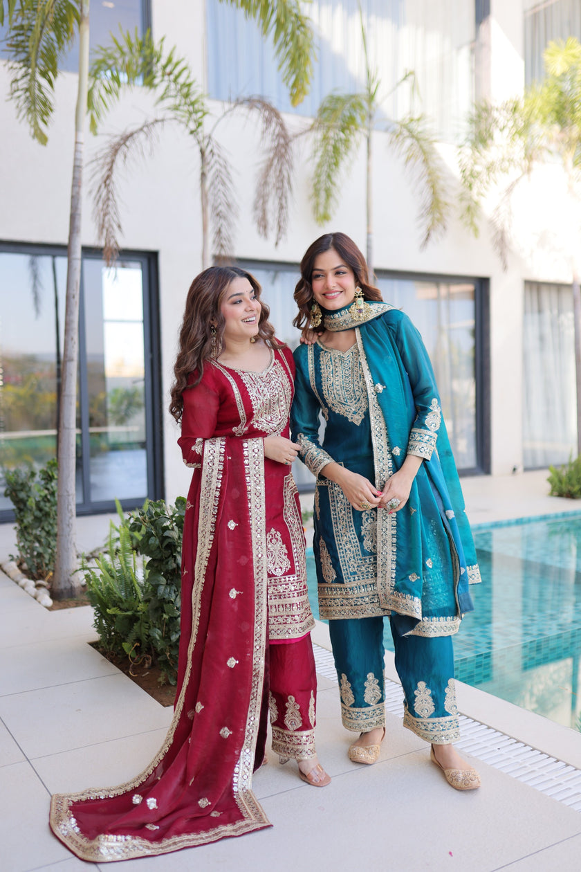 Designer Embroidered Kurta Pant Dupatta Set.