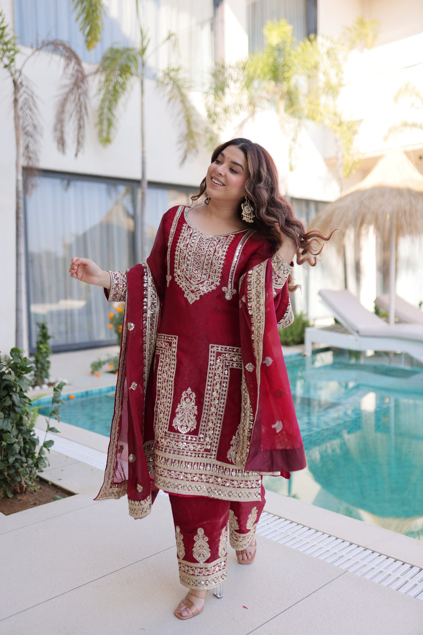 Designer Embroidered Kurta Pant Dupatta Set.