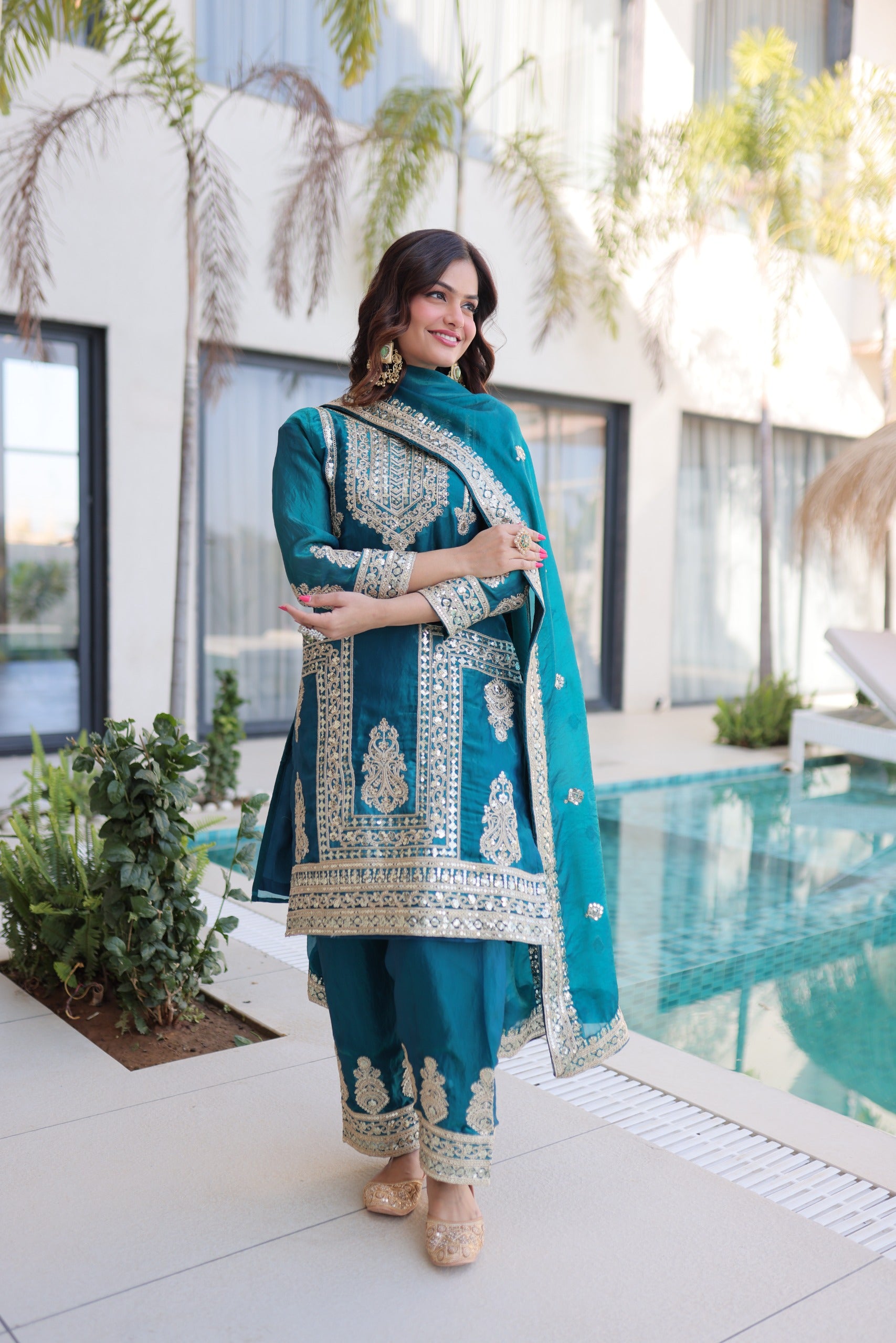 Designer Embroidered Kurta Pant Dupatta Set.