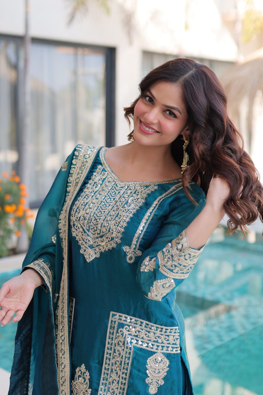 Designer Embroidered Kurta Pant Dupatta Set.