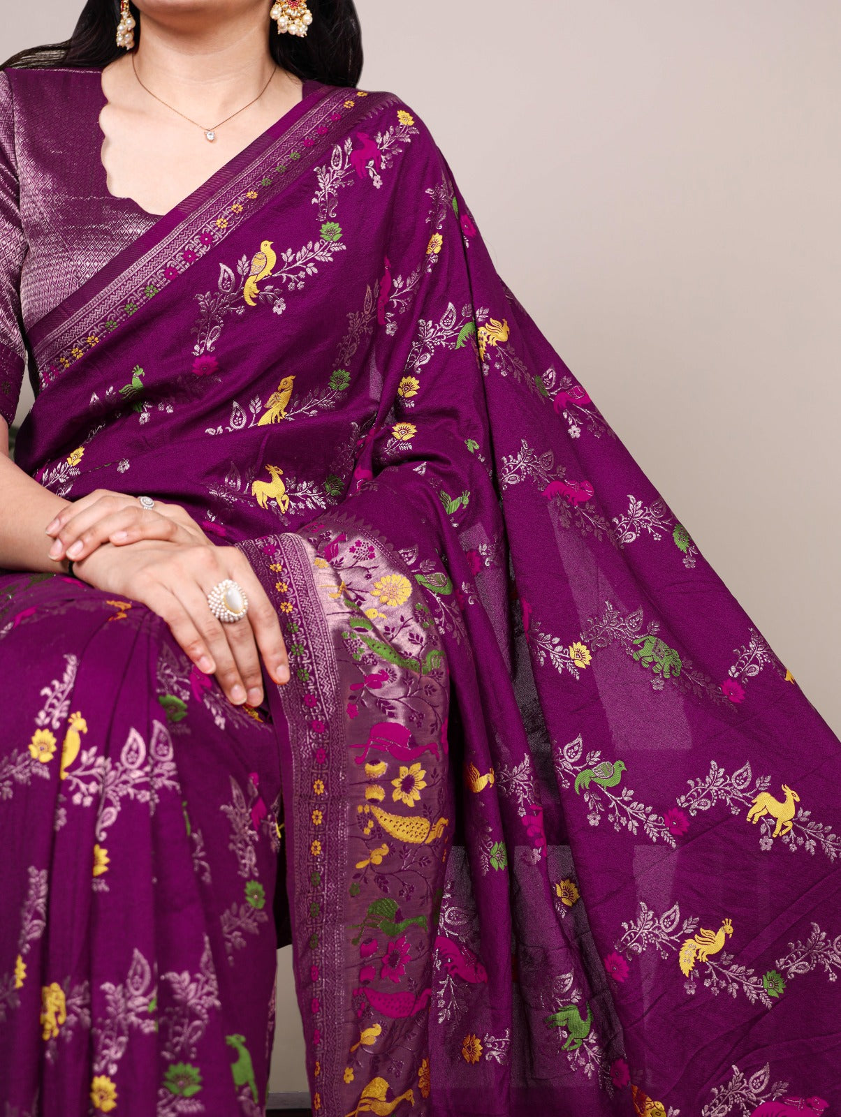 Traditional Nylon Saree with All-Over Ethnic Design.