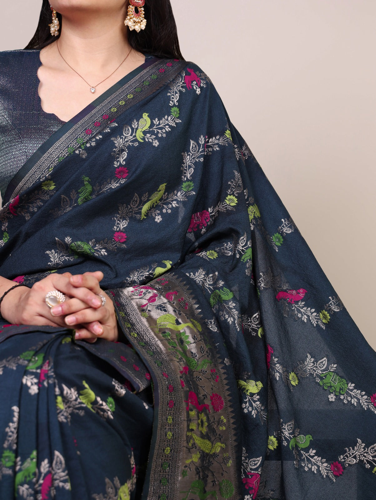 Traditional Nylon Saree with All-Over Ethnic Design.