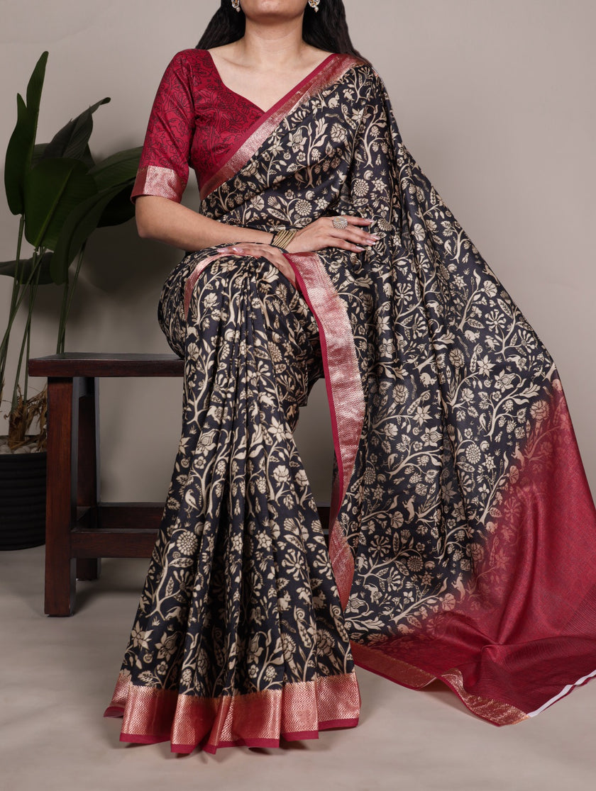 Designer Floral Woven Saree with Classic Border & Pallu.