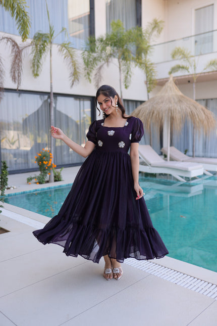 Women’s Navy Blue maxi dress with puff sleeves and embroidered motifs, perfect for festive and vacation wear