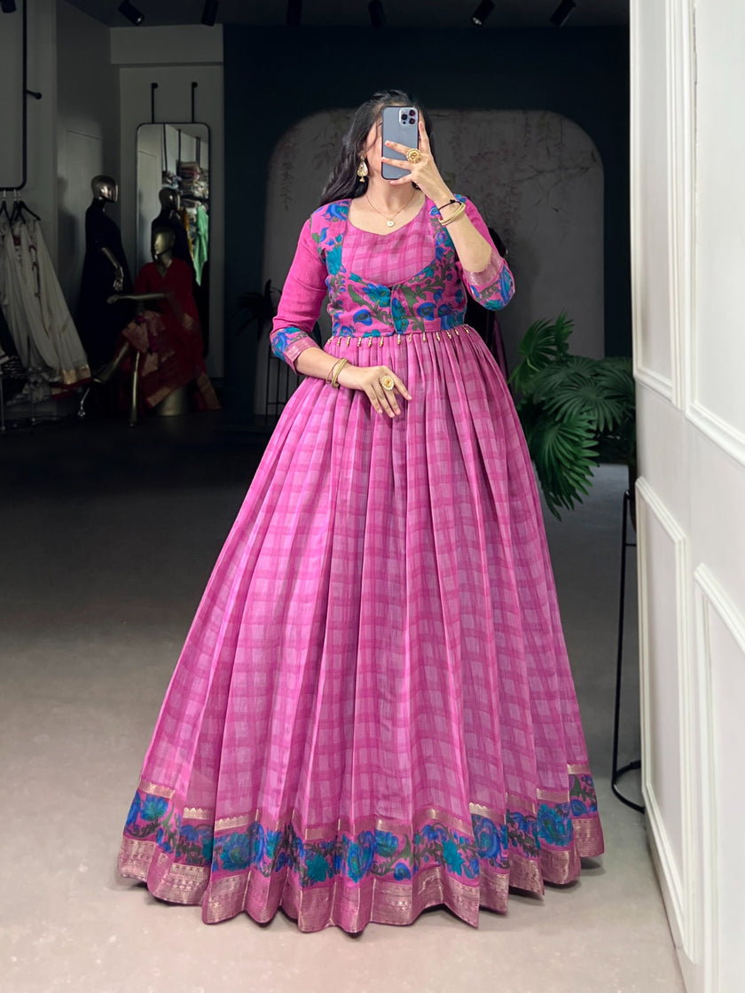 Women’s Pink Anarkali suit with embroidered bodice, printed skirt and traditional ethnic detailing