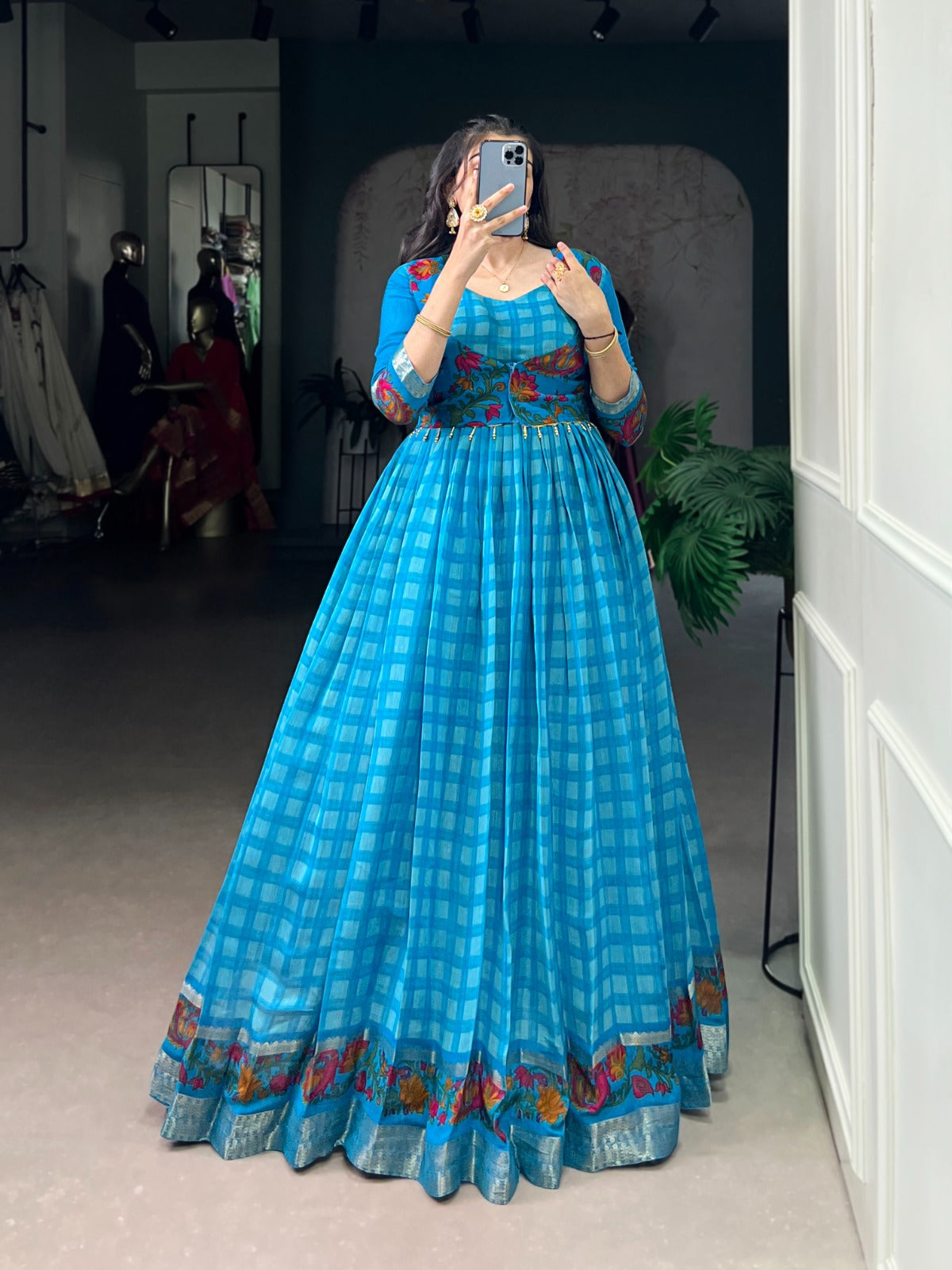 Women’s Blue Anarkali suit with embroidered bodice, printed skirt and traditional ethnic detailing