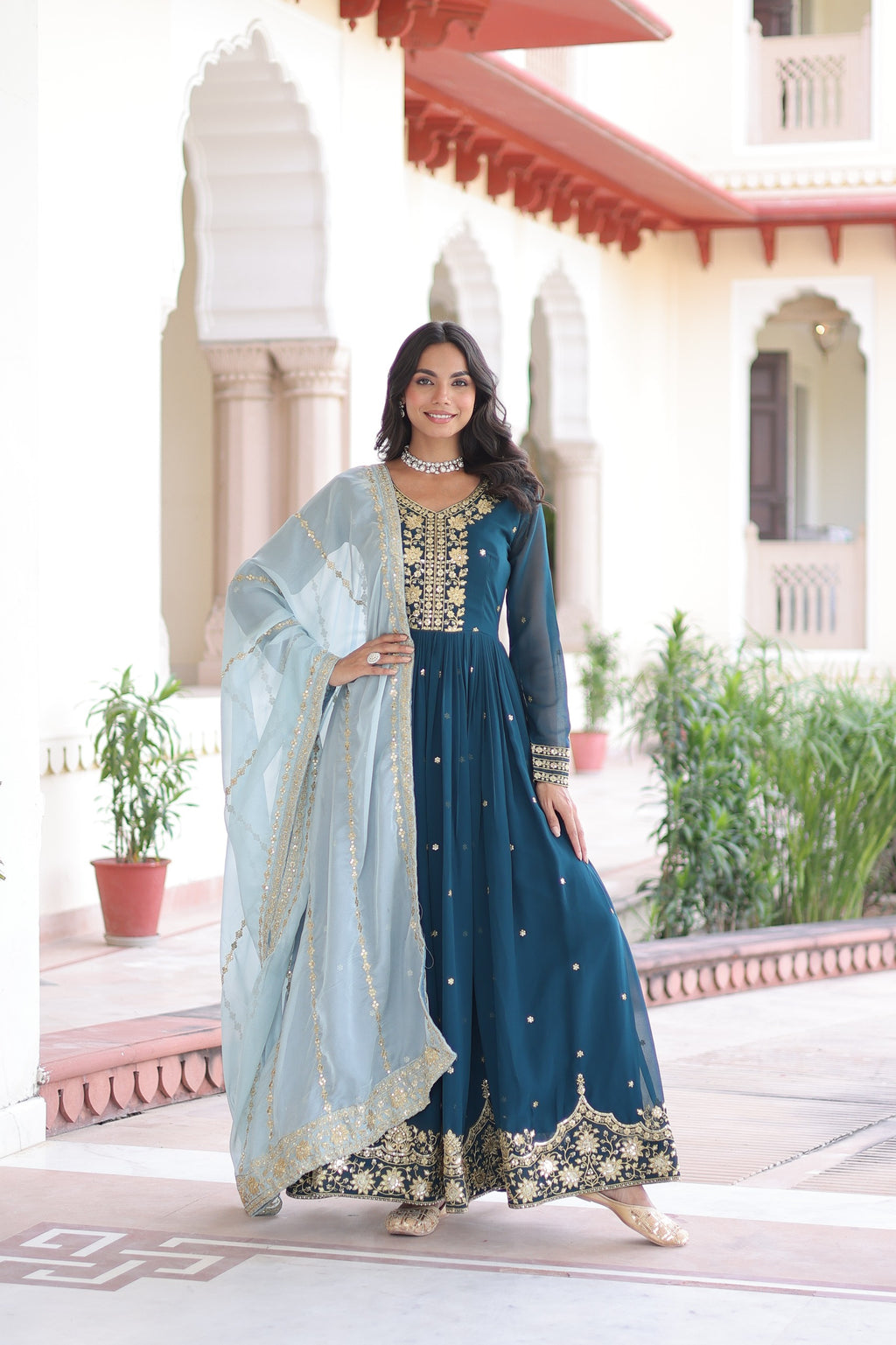 Royal Teal Blue Embroidered Anarkali Set with Russian silk Dupatta.