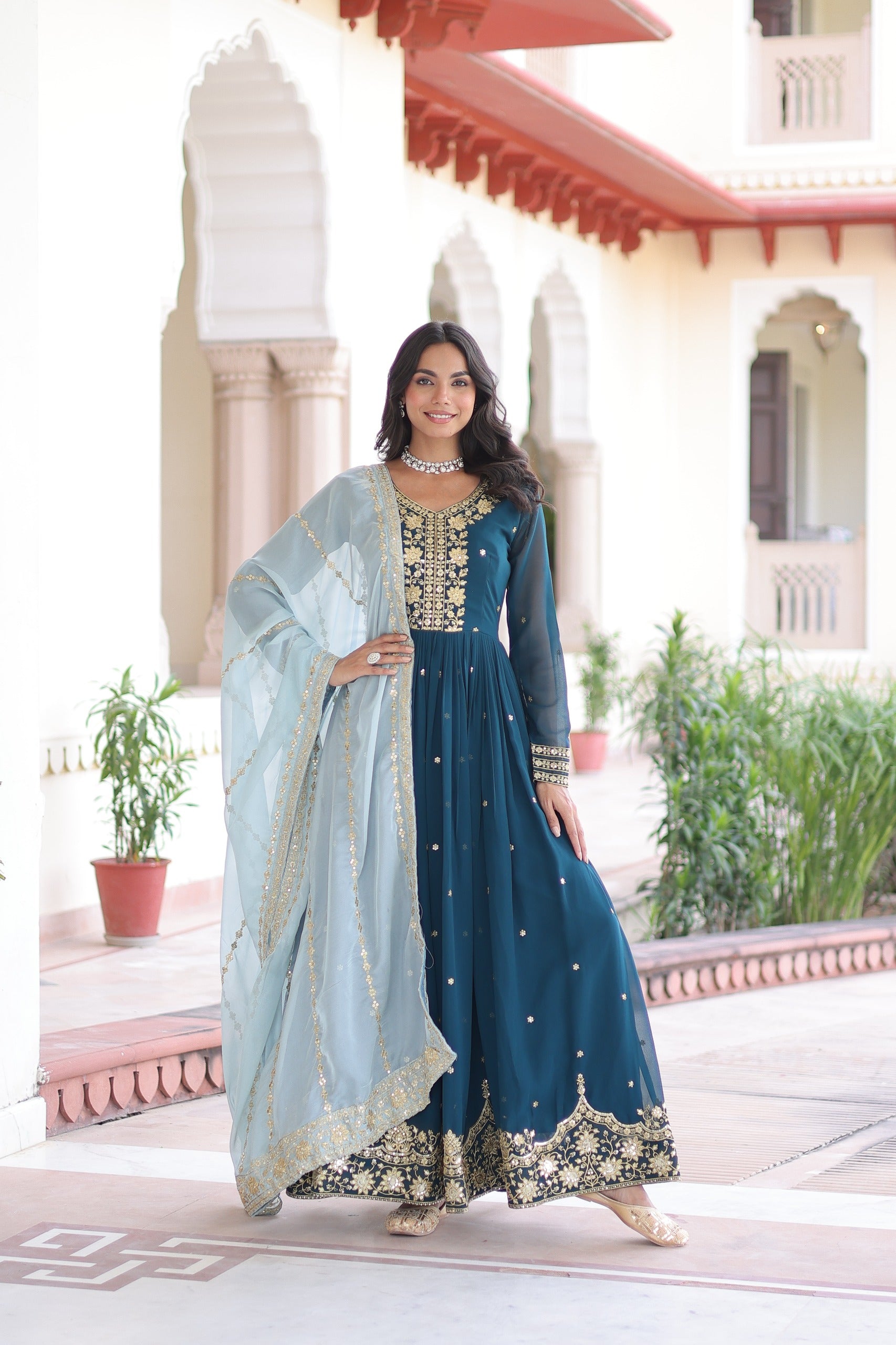 Royal Teal Blue Embroidered Anarkali Set with Russian silk Dupatta.