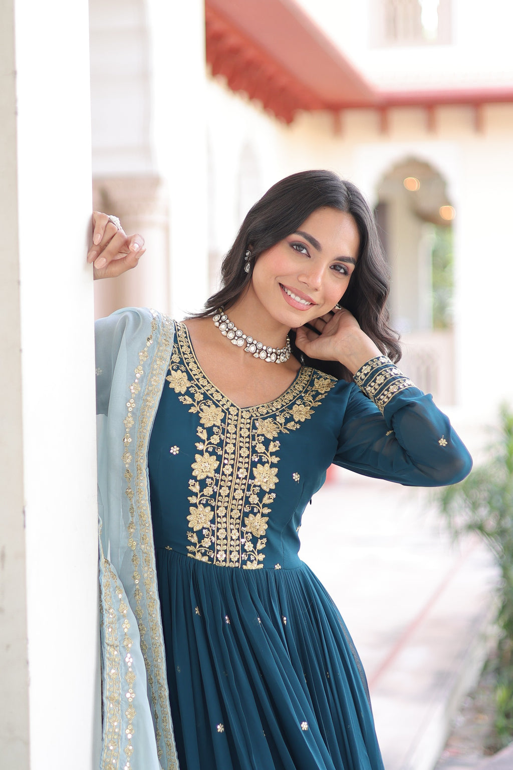 Royal Teal Blue Embroidered Anarkali Set with Russian silk Dupatta.