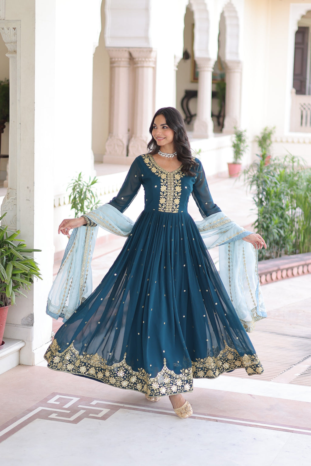Royal Teal Blue Embroidered Anarkali Set with Russian silk Dupatta.