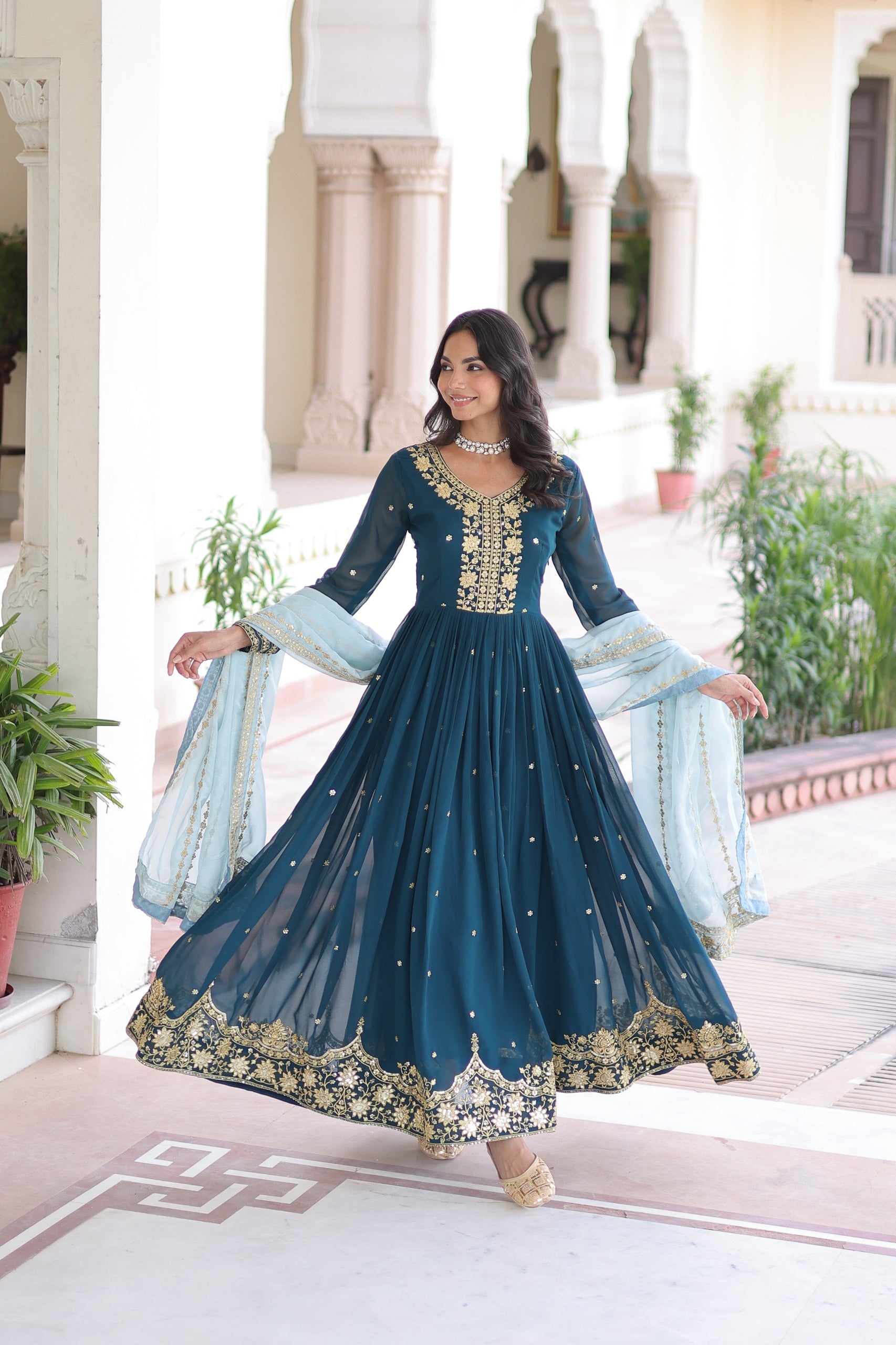 Royal Teal Blue Embroidered Anarkali Set with Russian silk Dupatta.