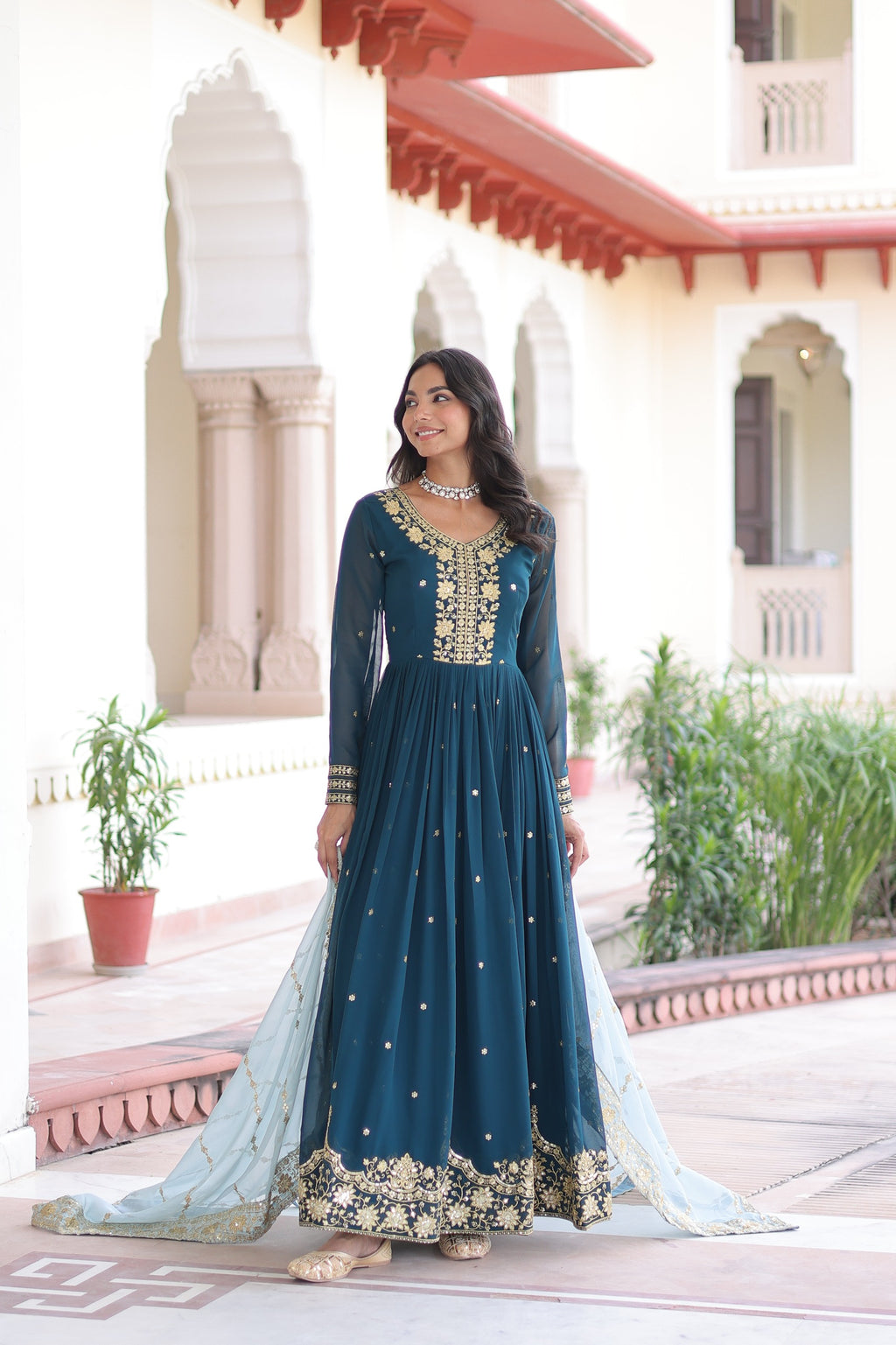 Royal Teal Blue Embroidered Anarkali Set with Russian silk Dupatta.