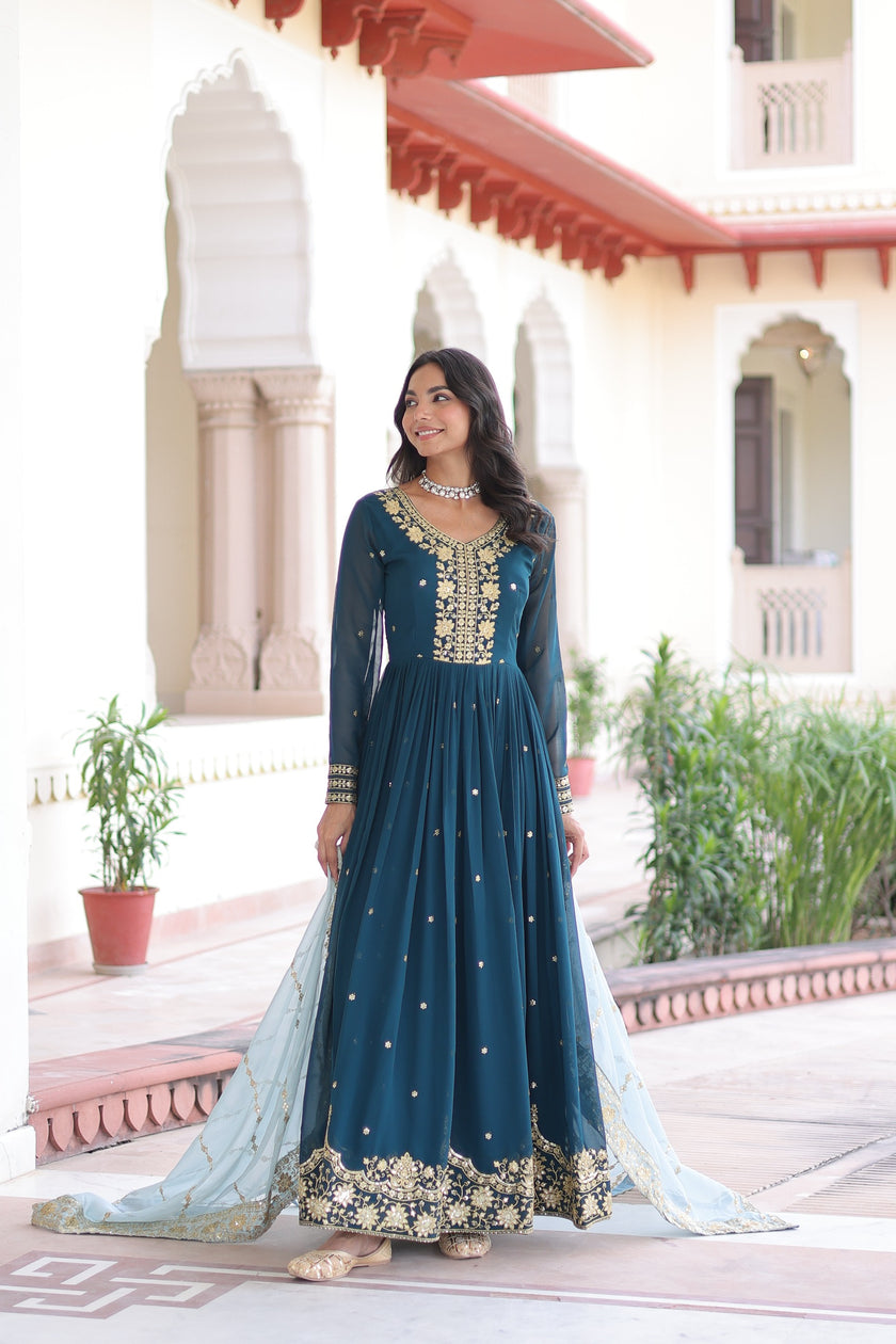 Royal Teal Blue Embroidered Anarkali Set with Russian silk Dupatta.