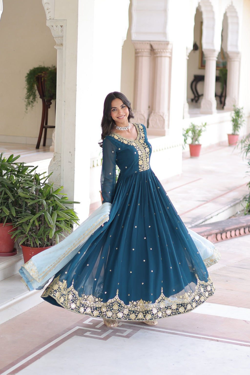 Royal Teal Blue Embroidered Anarkali Set with Russian silk Dupatta.