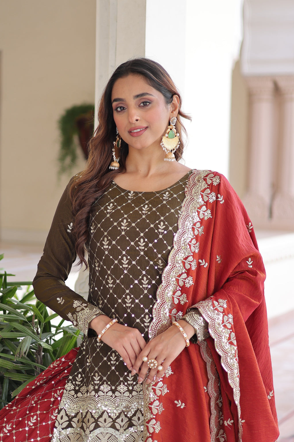 Royal Olive & Crimson Embroidered Sharara Set with Dupatta.