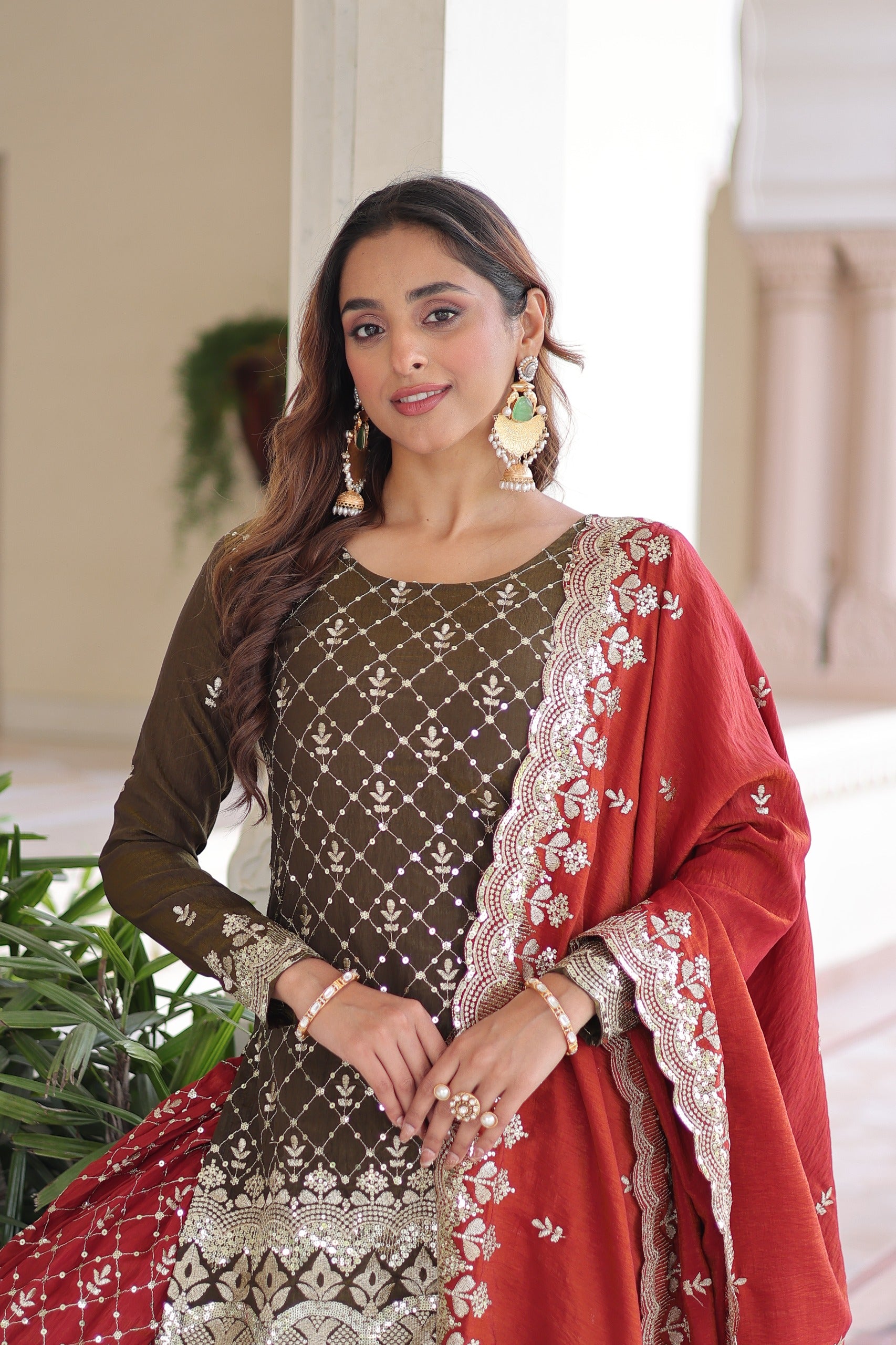 Royal Olive & Crimson Embroidered Sharara Set with Dupatta.
