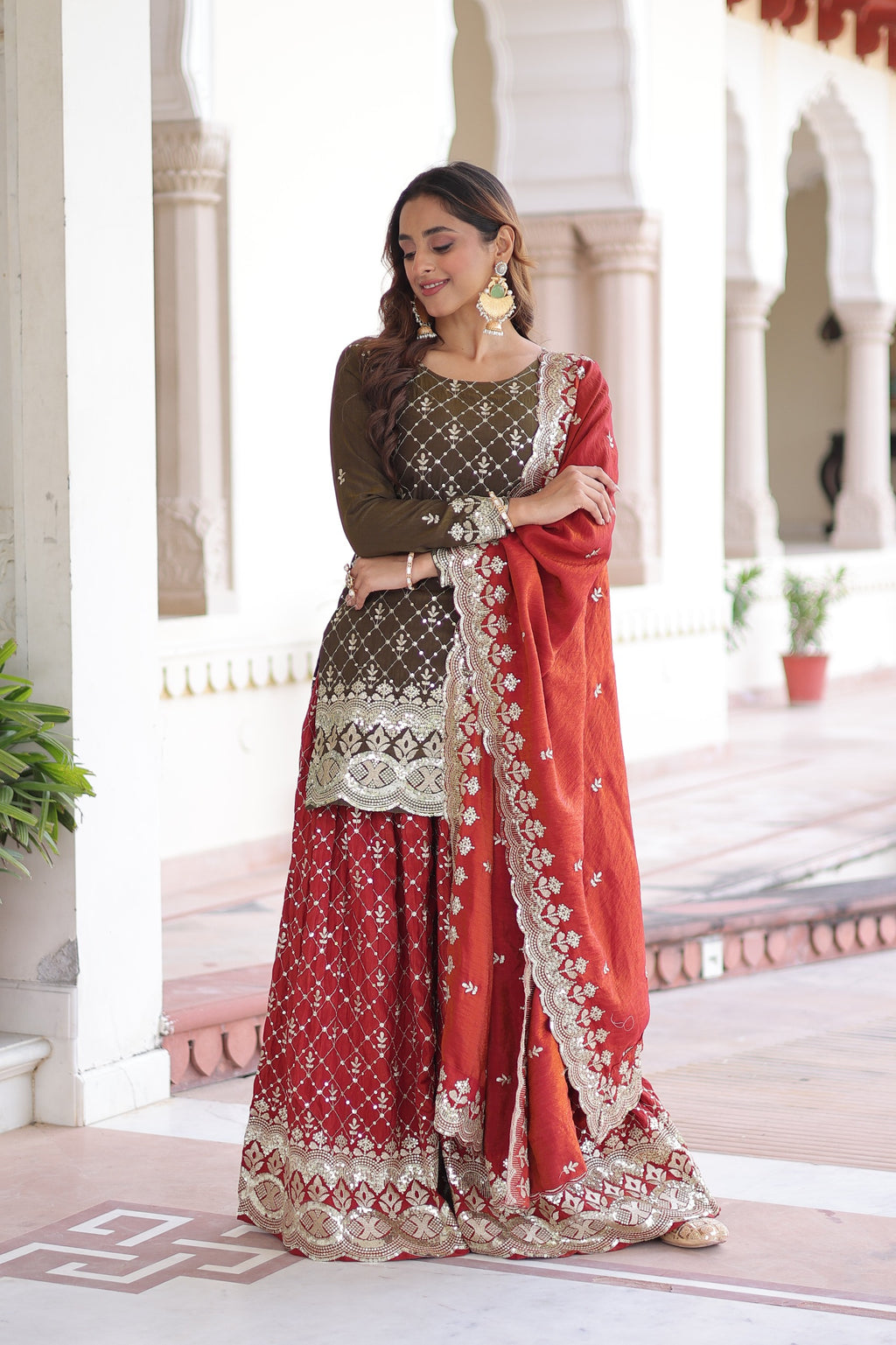 Royal Olive & Crimson Embroidered Sharara Set with Dupatta.