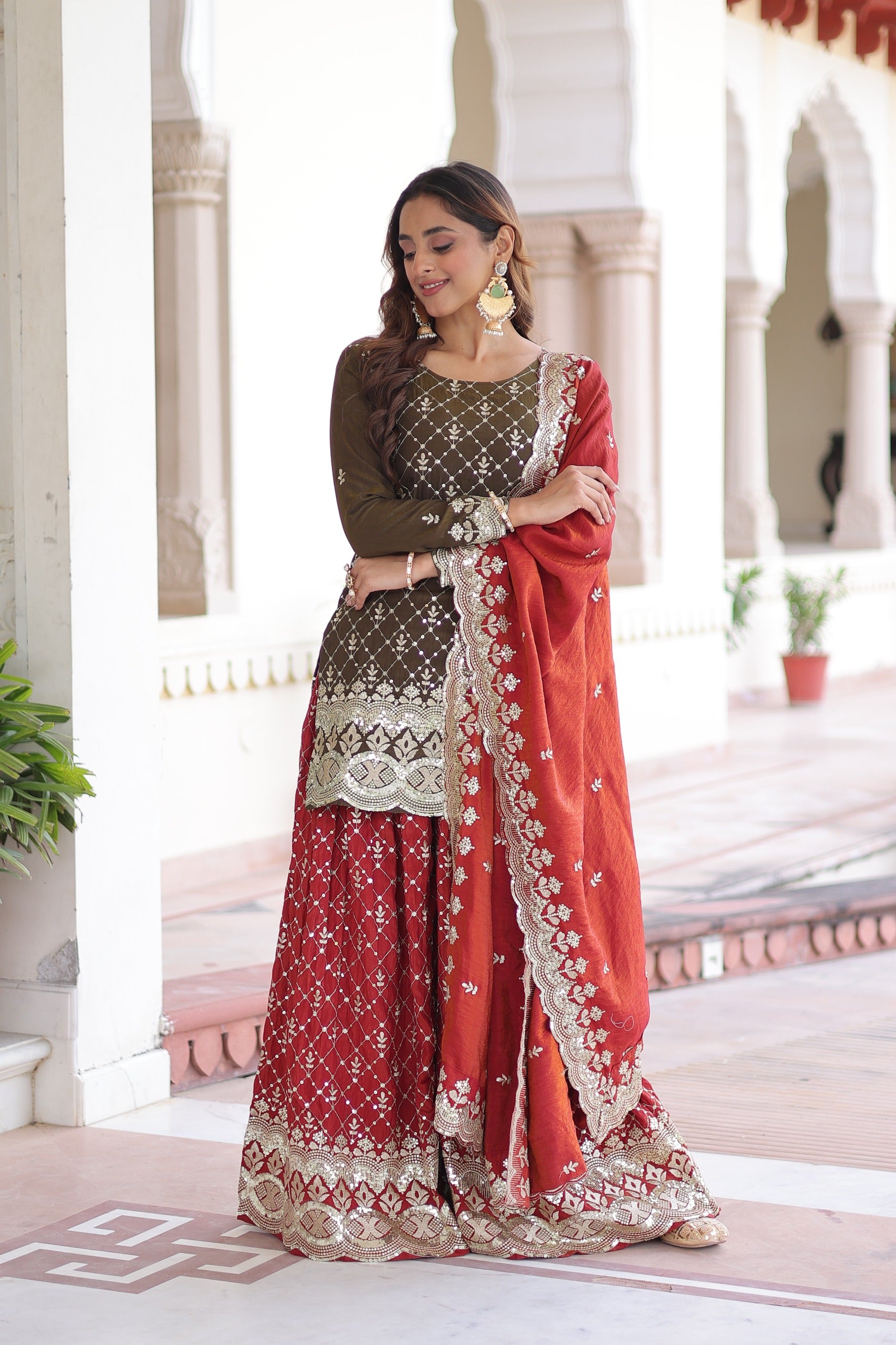Royal Olive & Crimson Embroidered Sharara Set with Dupatta.