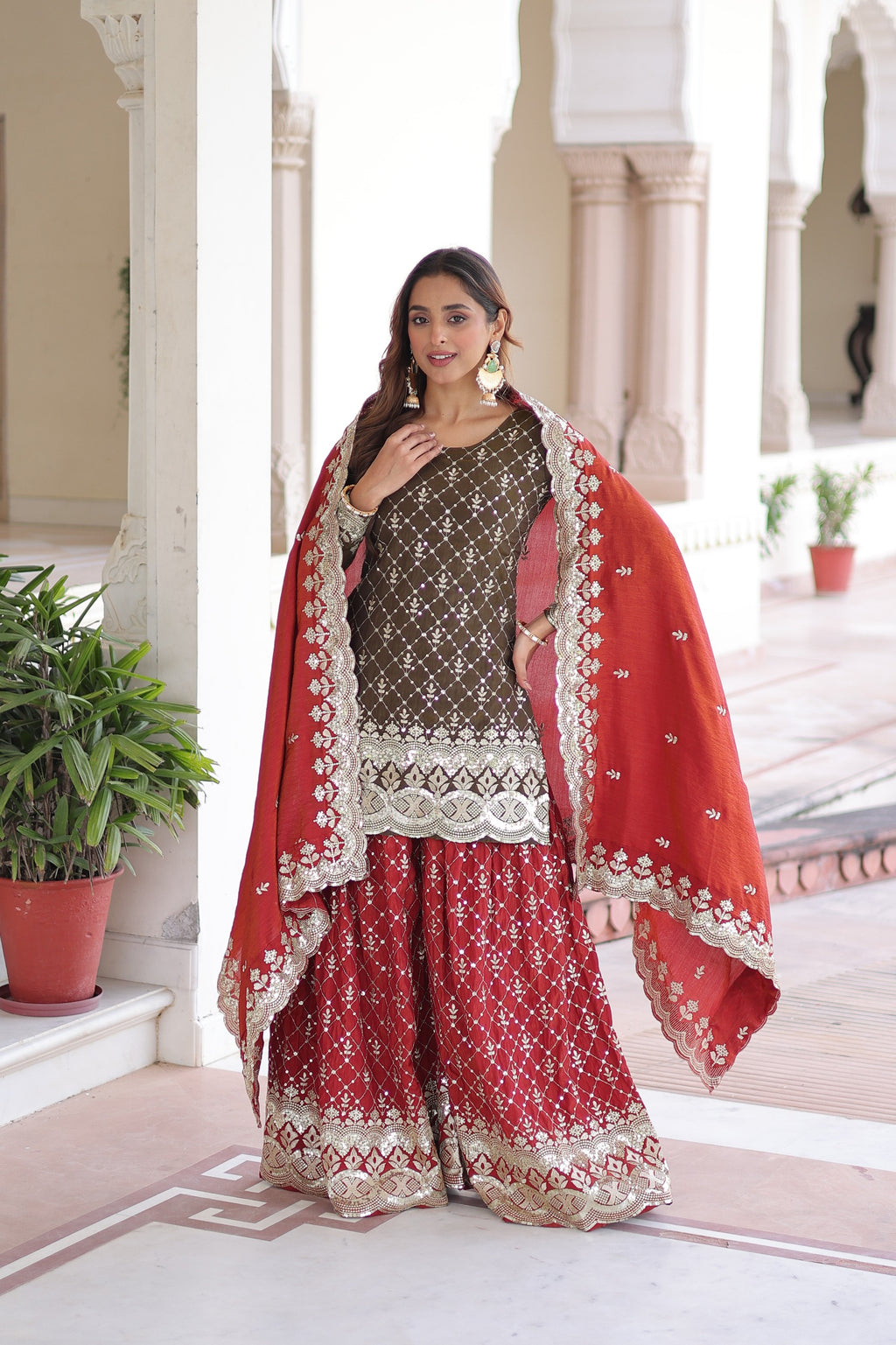 Royal Olive & Crimson Embroidered Sharara Set with Dupatta.