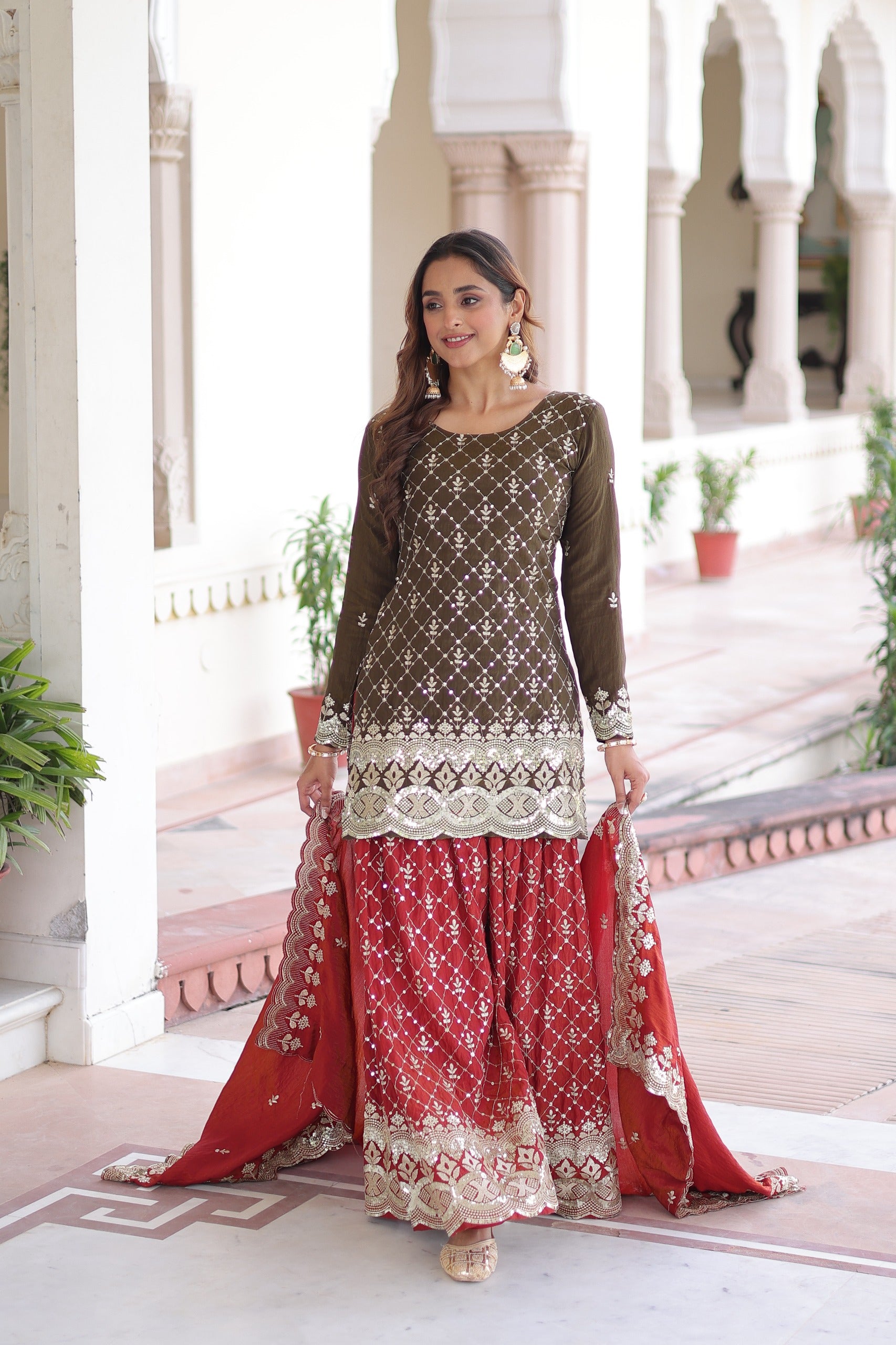 Royal Olive & Crimson Embroidered Sharara Set with Dupatta.