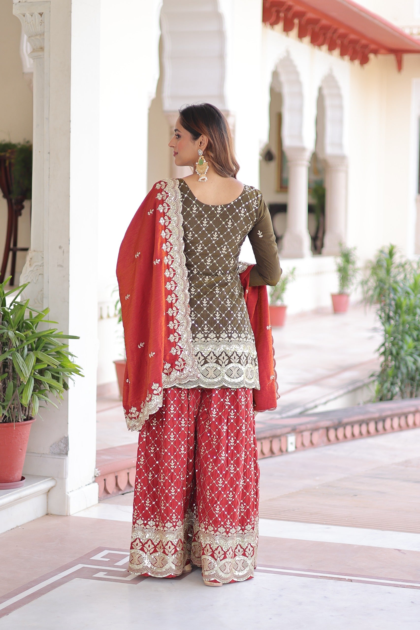 Royal Olive & Crimson Embroidered Sharara Set with Dupatta.