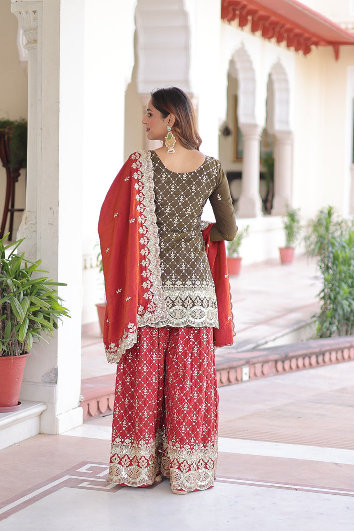 Royal Olive & Crimson Embroidered Sharara Set with Dupatta.