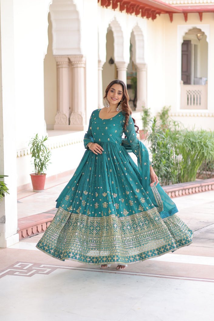 Royal Teal Green Embroidered Anarkali Set with Dupatta.