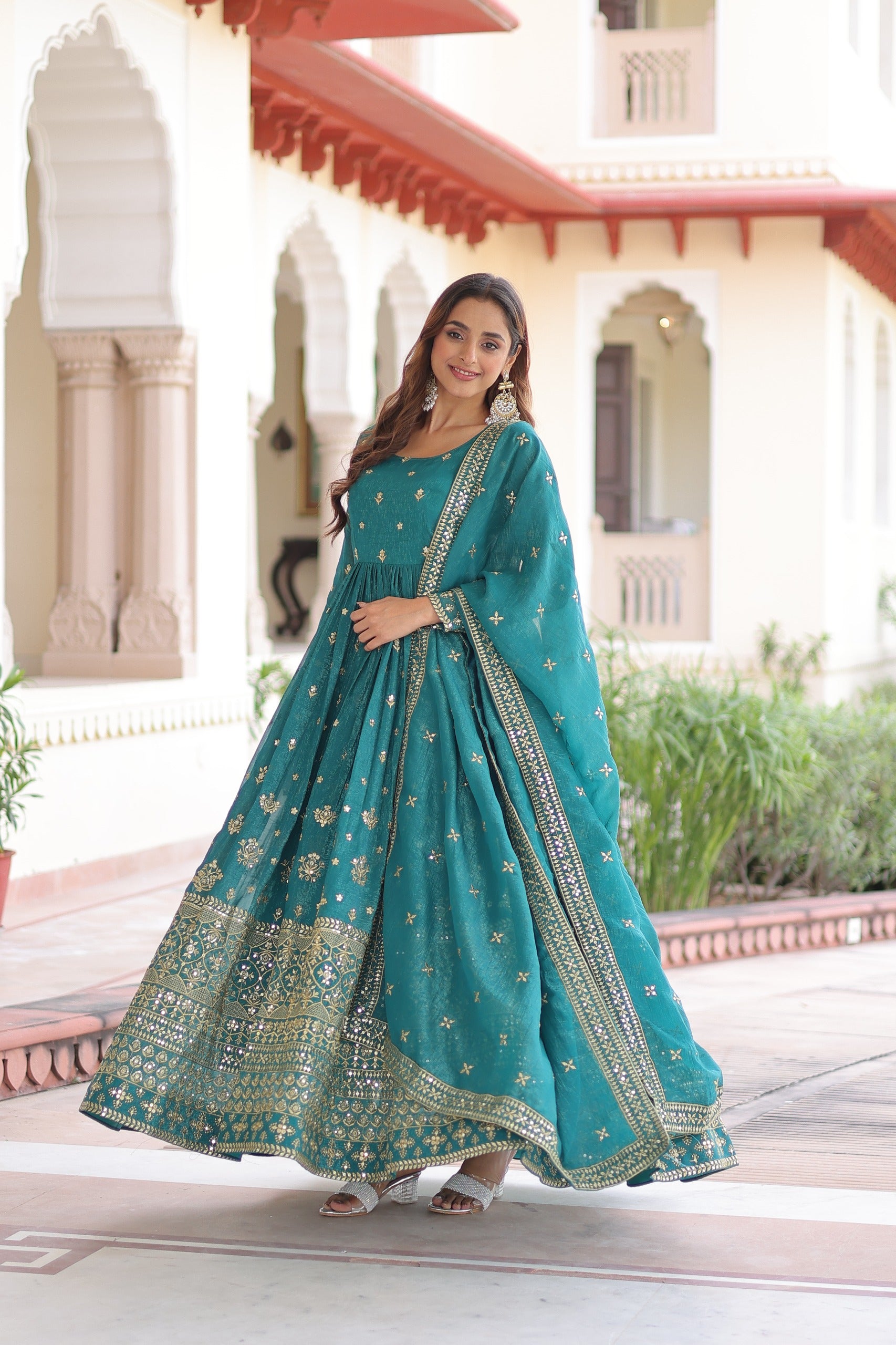 Royal Teal Green Embroidered Anarkali Set with Dupatta.