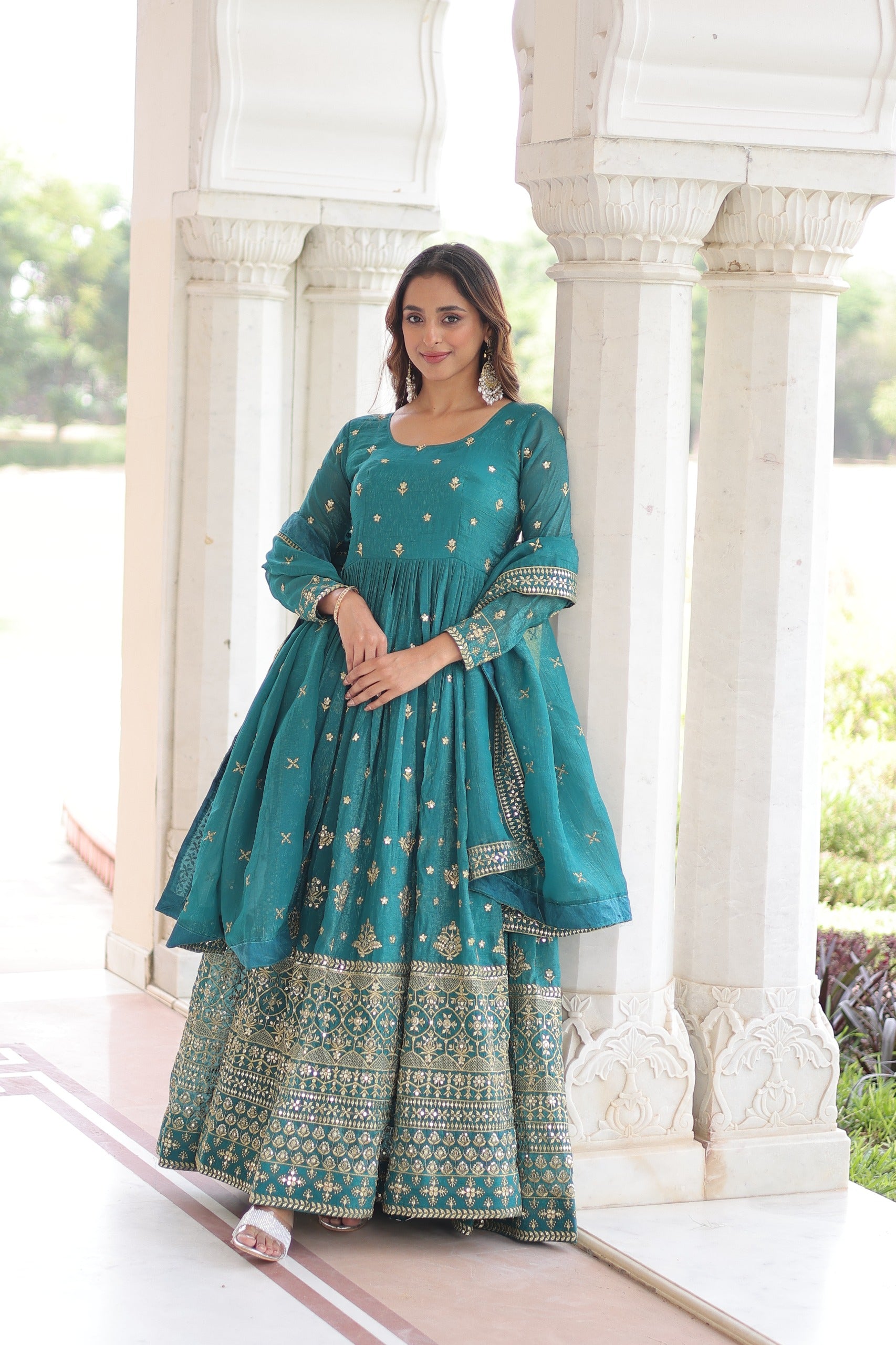 Royal Teal Green Embroidered Anarkali Set with Dupatta.