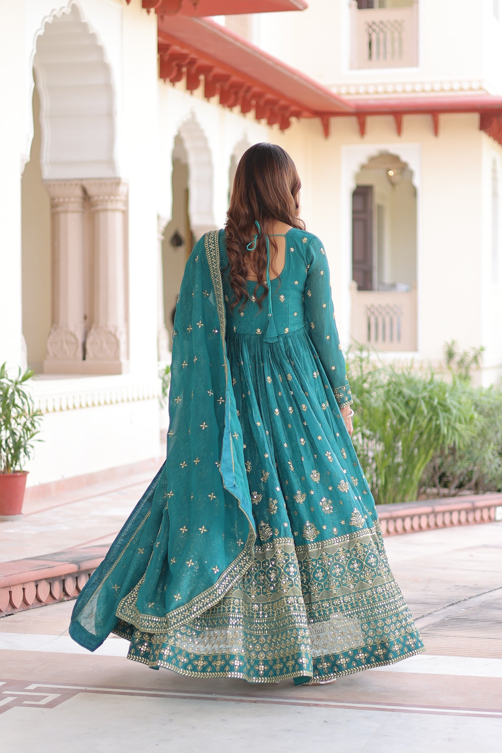 Royal Teal Green Embroidered Anarkali Set with Dupatta.