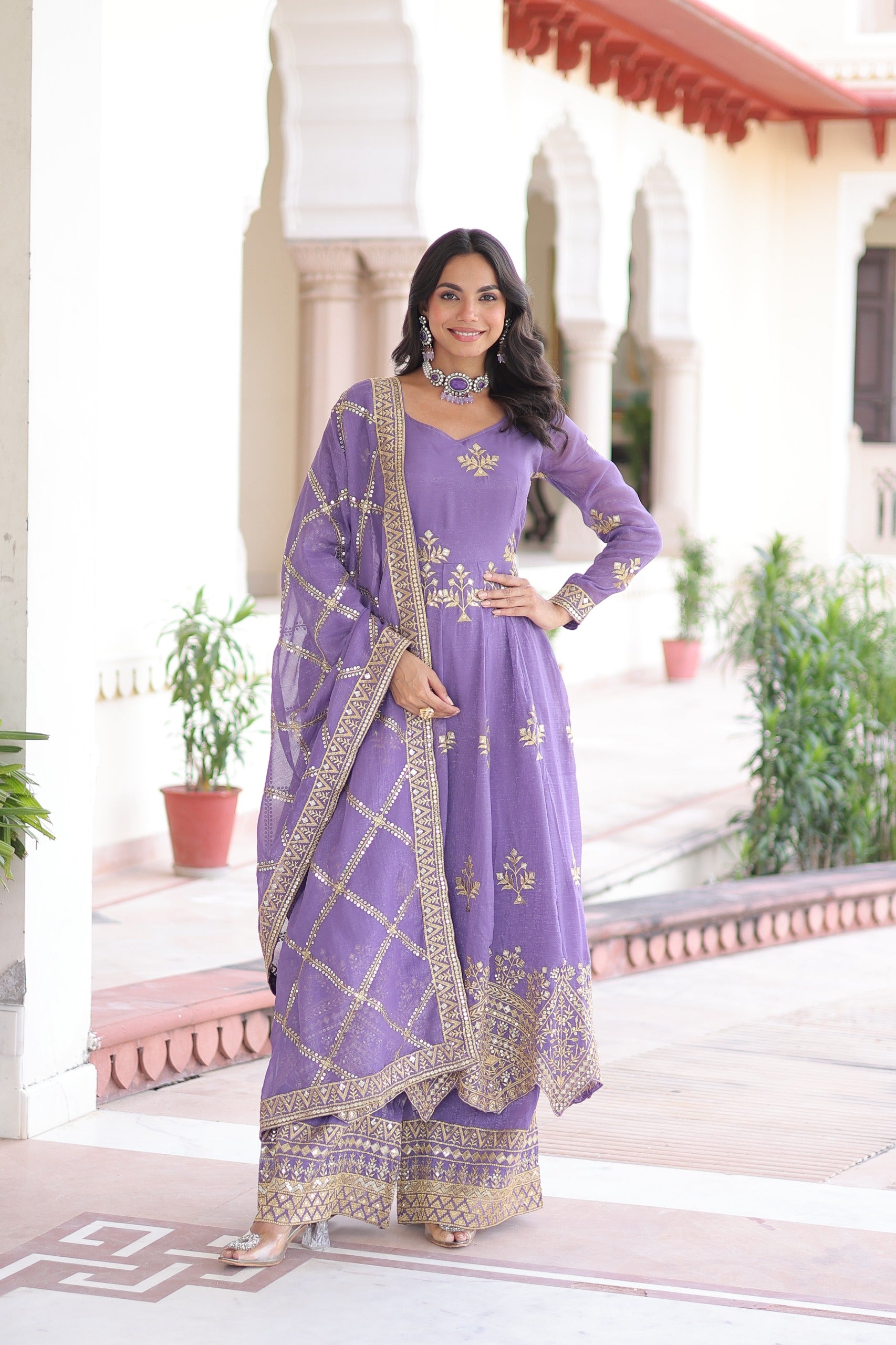 Royal Lavender Embroidered Sharara Set with Dupatta.