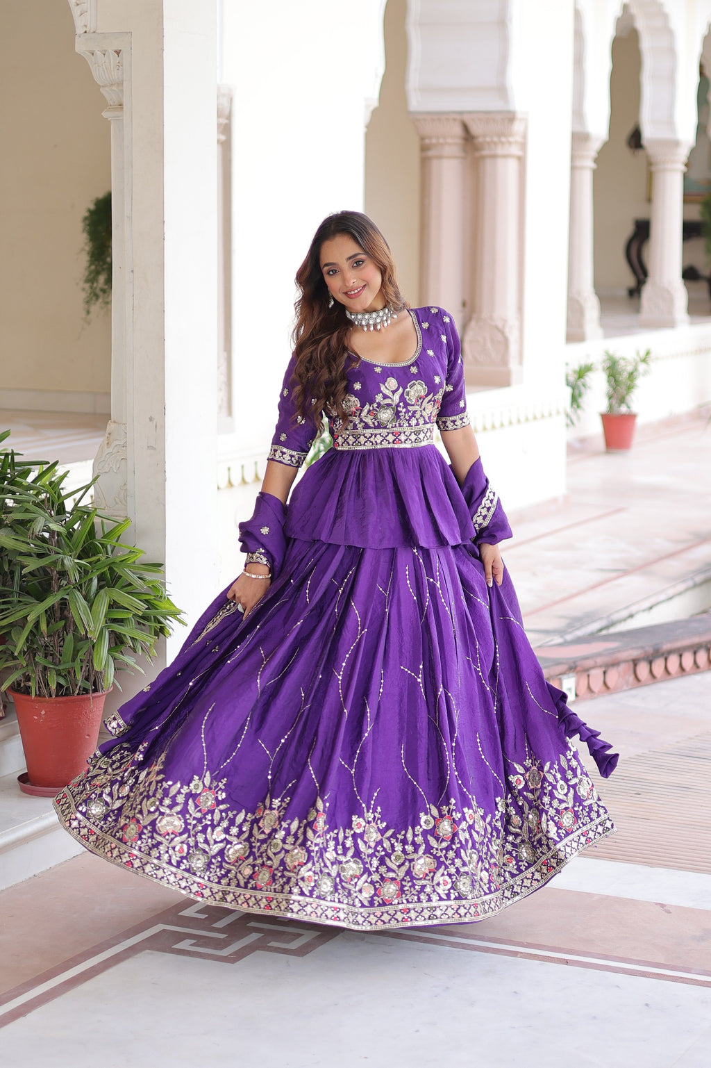 Royal Purple Embroidered Lehenga Set with Dupatta.