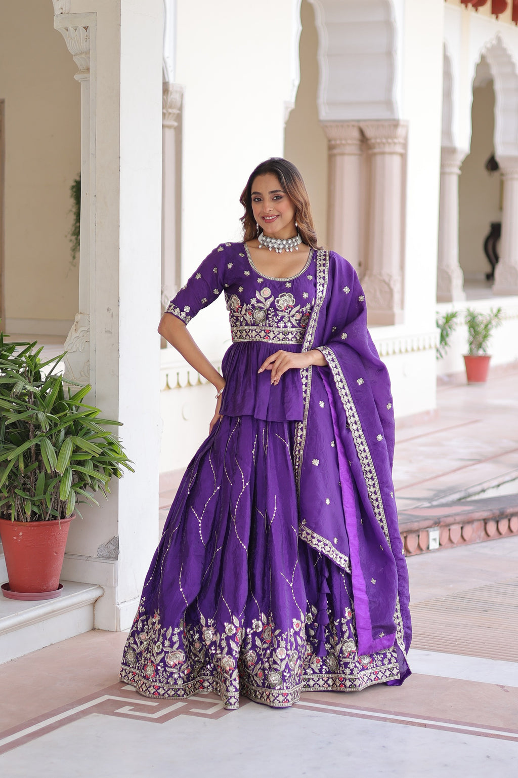 Royal Purple Embroidered Lehenga Set with Dupatta.