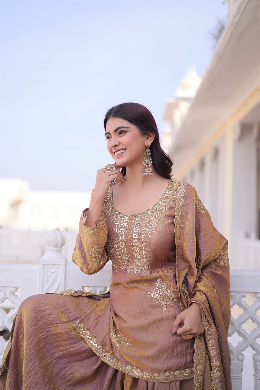 Royal Silk Embroidered Kurta Sharara with Dupatta.