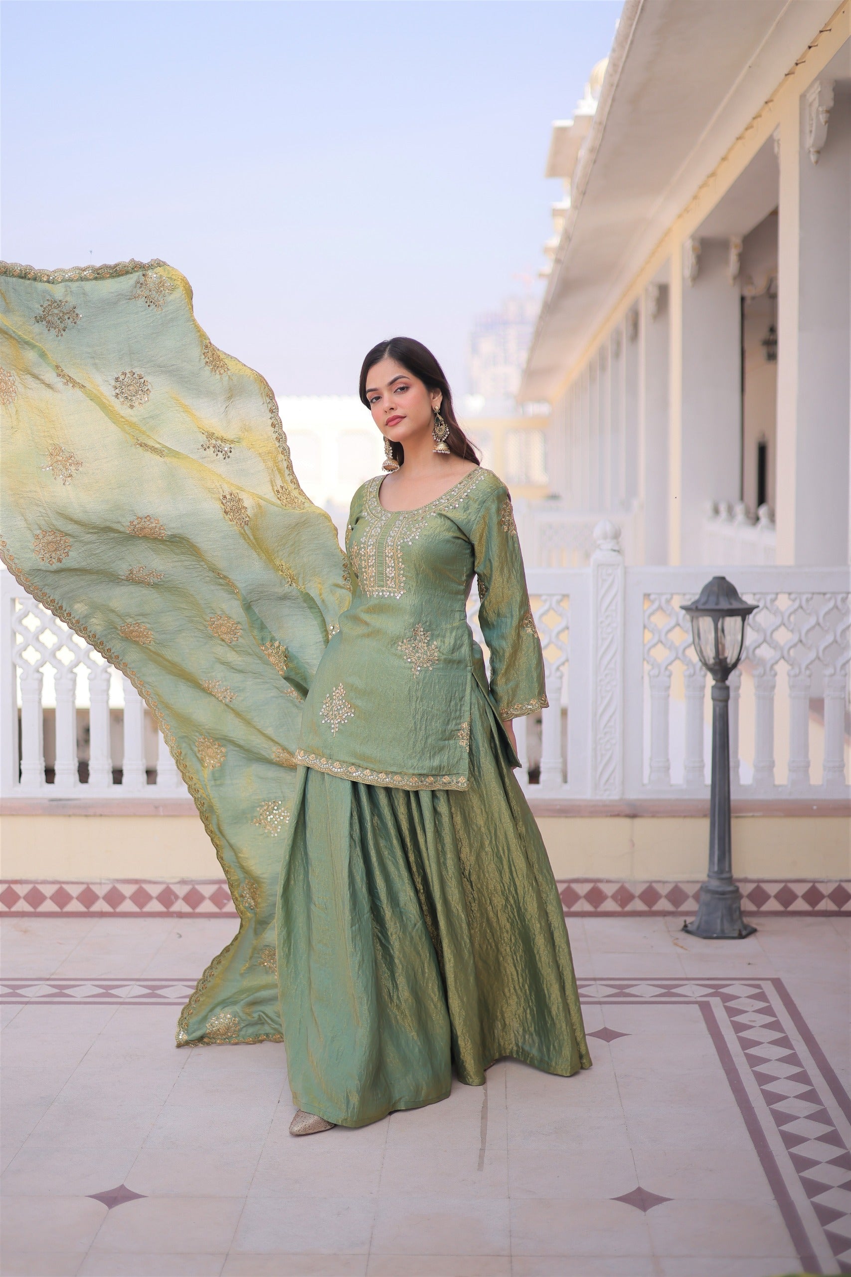 Royal Silk Embroidered Kurta Sharara with Dupatta.