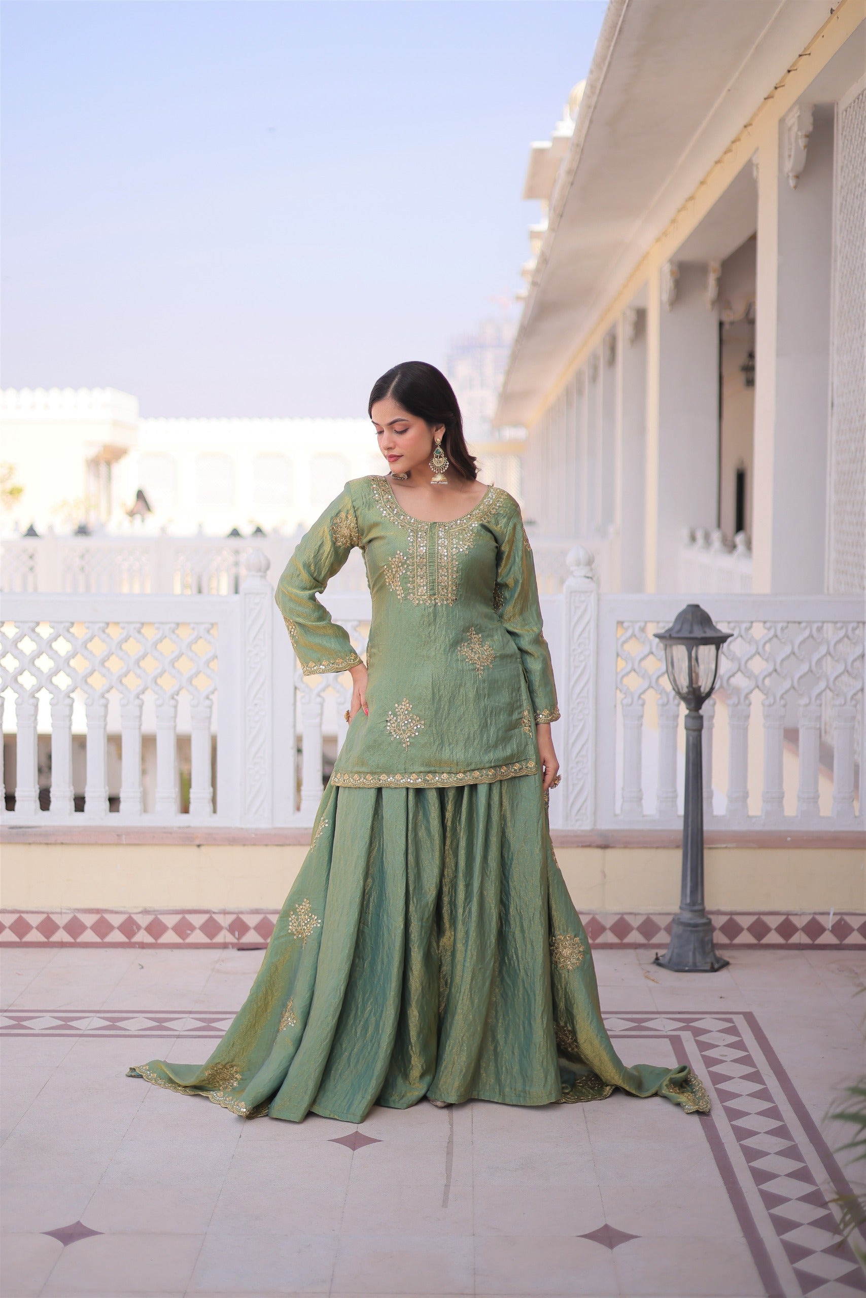 Royal Silk Embroidered Kurta Sharara with Dupatta.