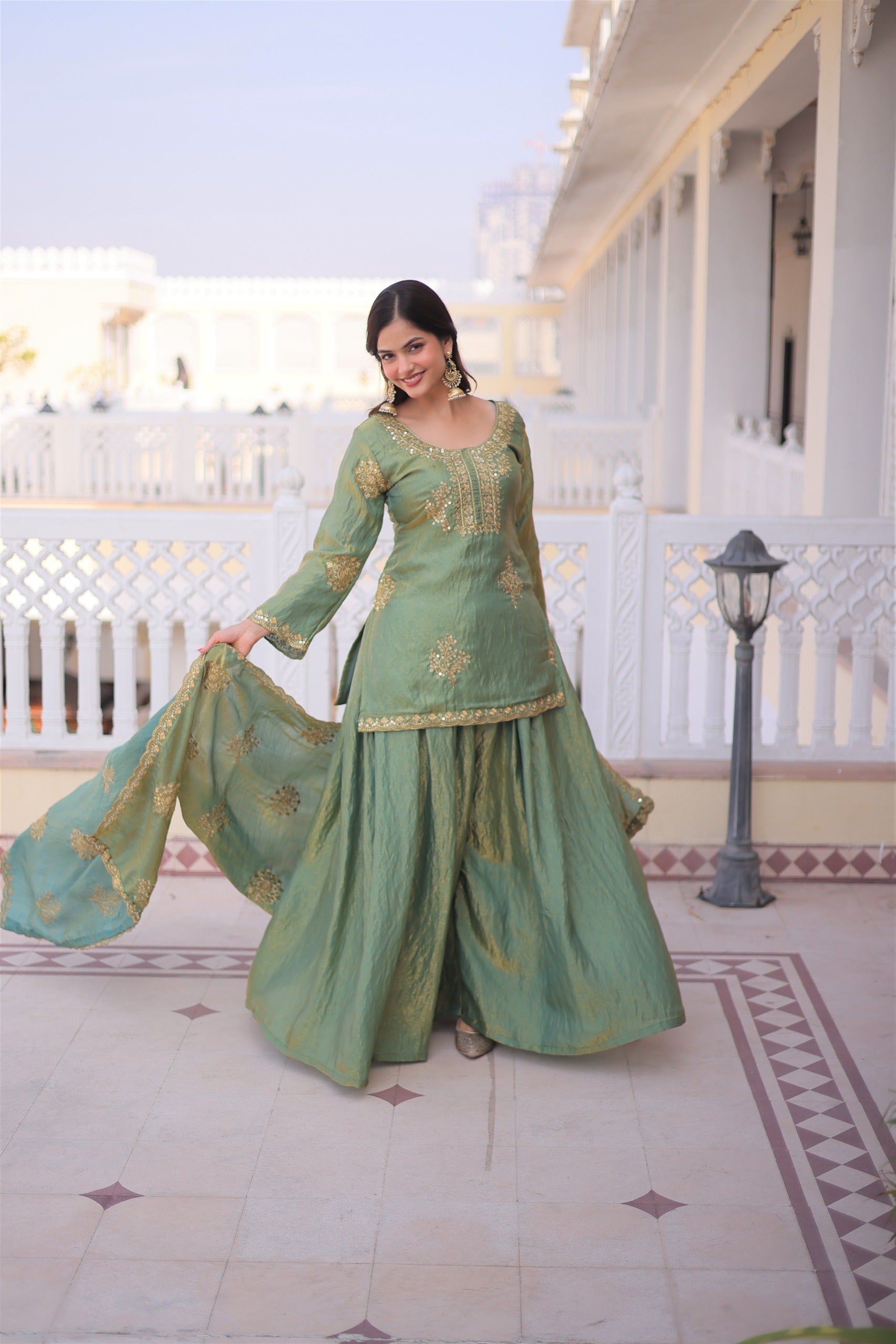 Royal Silk Embroidered Kurta Sharara with Dupatta.
