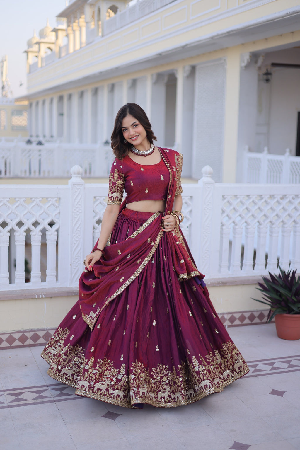 Traditional Rajasthani Inspired Maroon Silk Lehenga.