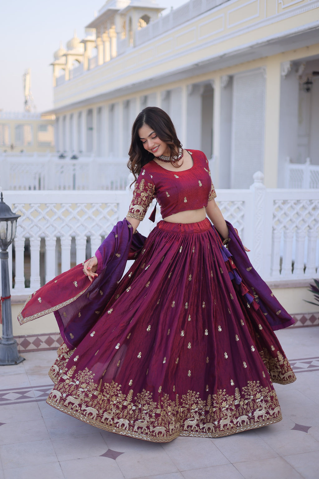 Traditional Rajasthani Inspired Maroon Silk Lehenga.