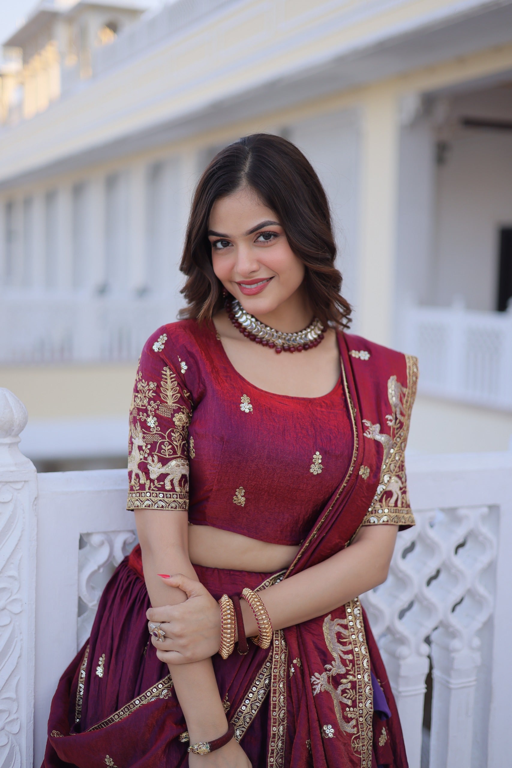 Traditional Rajasthani Inspired Maroon Silk Lehenga.