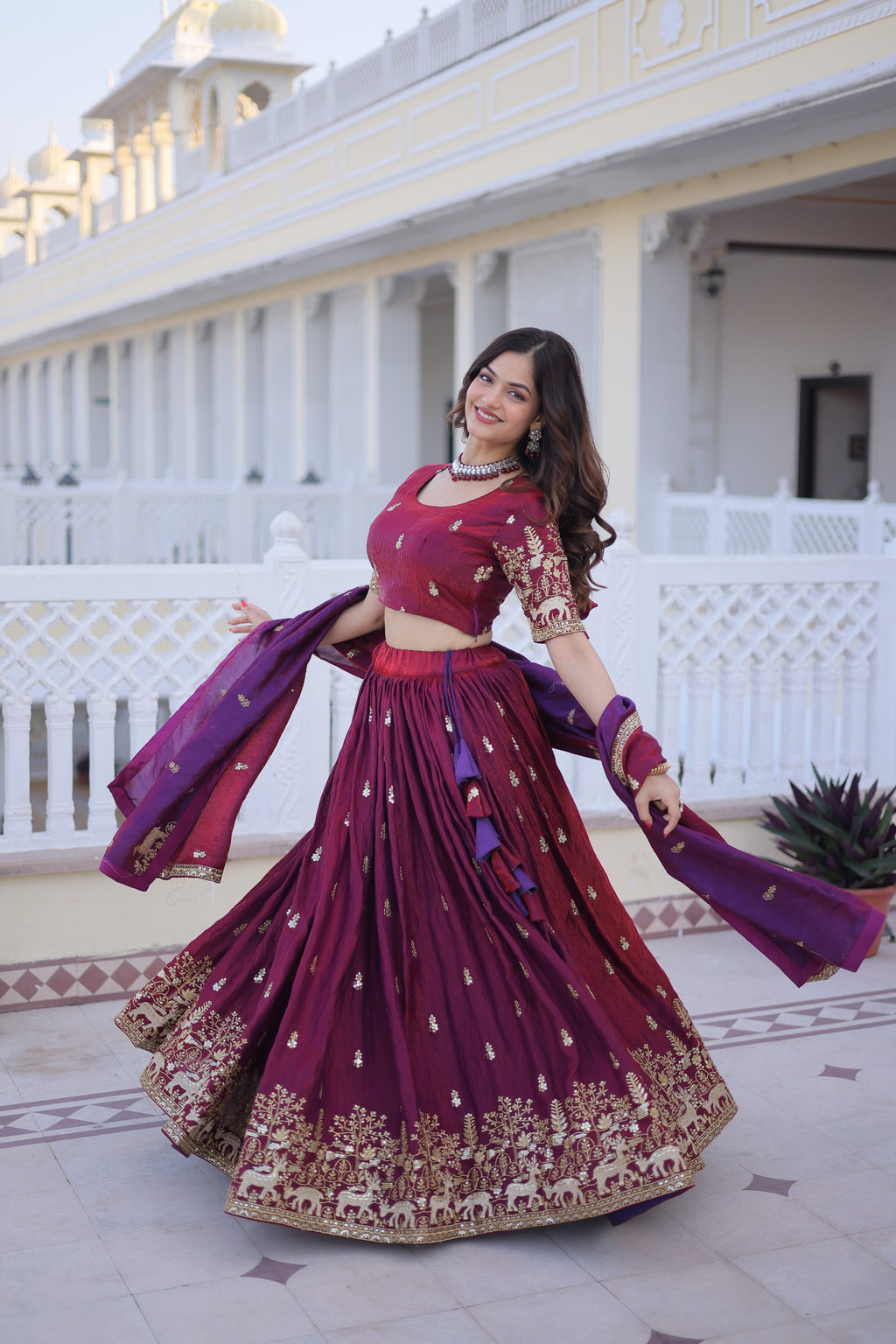 Traditional Rajasthani Inspired Maroon Silk Lehenga.