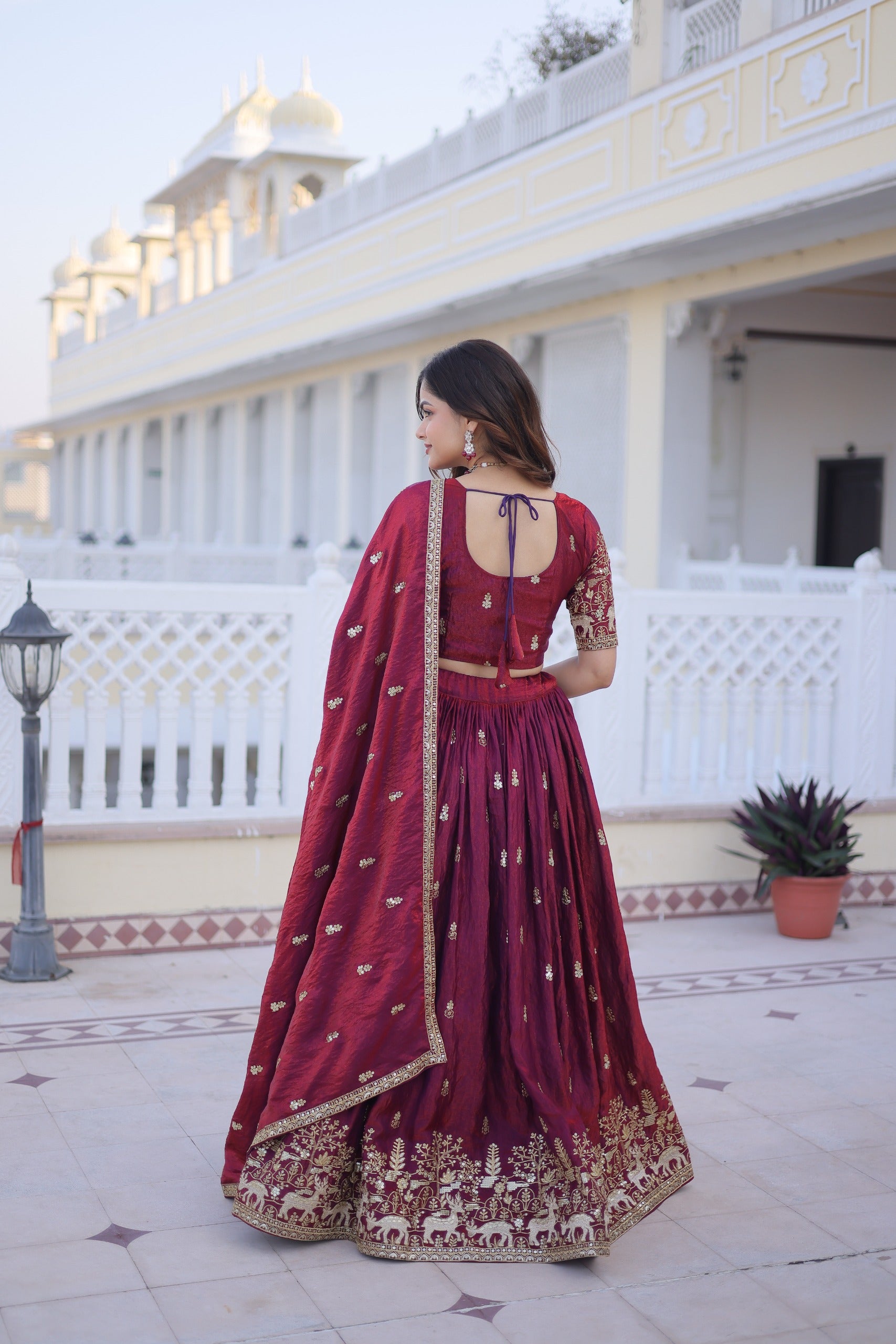 Traditional Rajasthani Inspired Maroon Silk Lehenga.